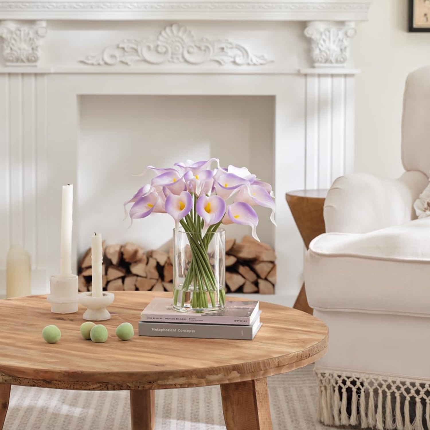 Artificial White & Purple Calla Lilies in Glass Vase with Faux Water – Elegant Table Centerpiece