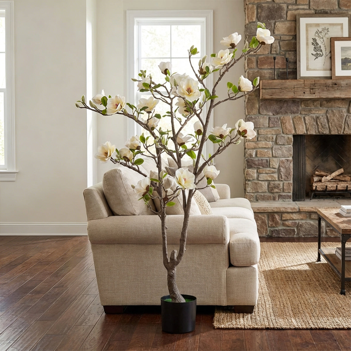 Artificial White Magnolia Tree in Pot – Realistic Faux Indoor Floor Plant for Home & Office Décor