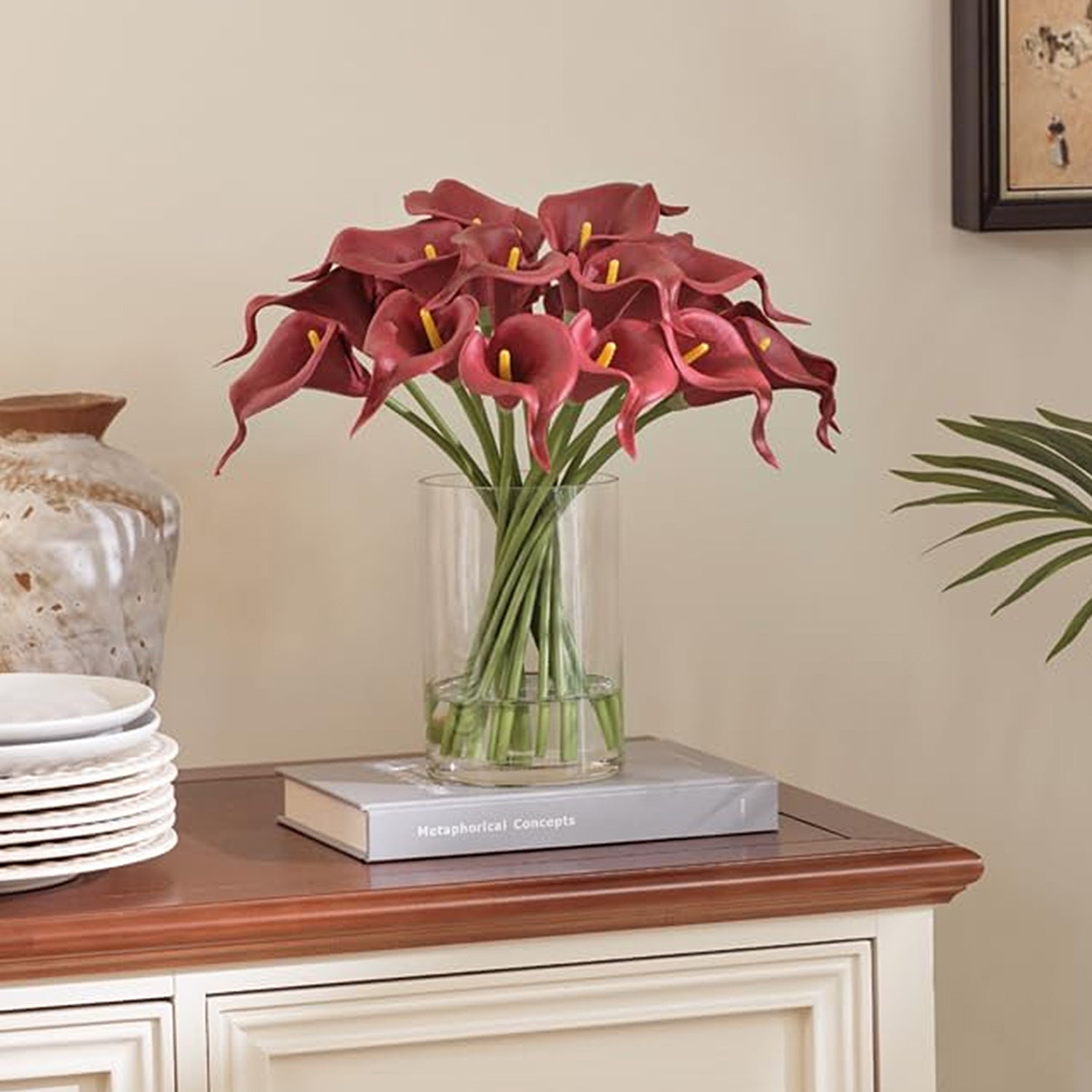 Artificial Burgundy Red Calla Lilies in Glass Vase with Faux Water – Elegant Table Centerpiece