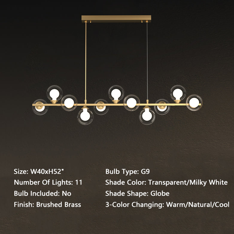 Sedona 11 Lights Elegant Modern Brass Linear Glass Globe Chandelier for Dining Room - W40xH52