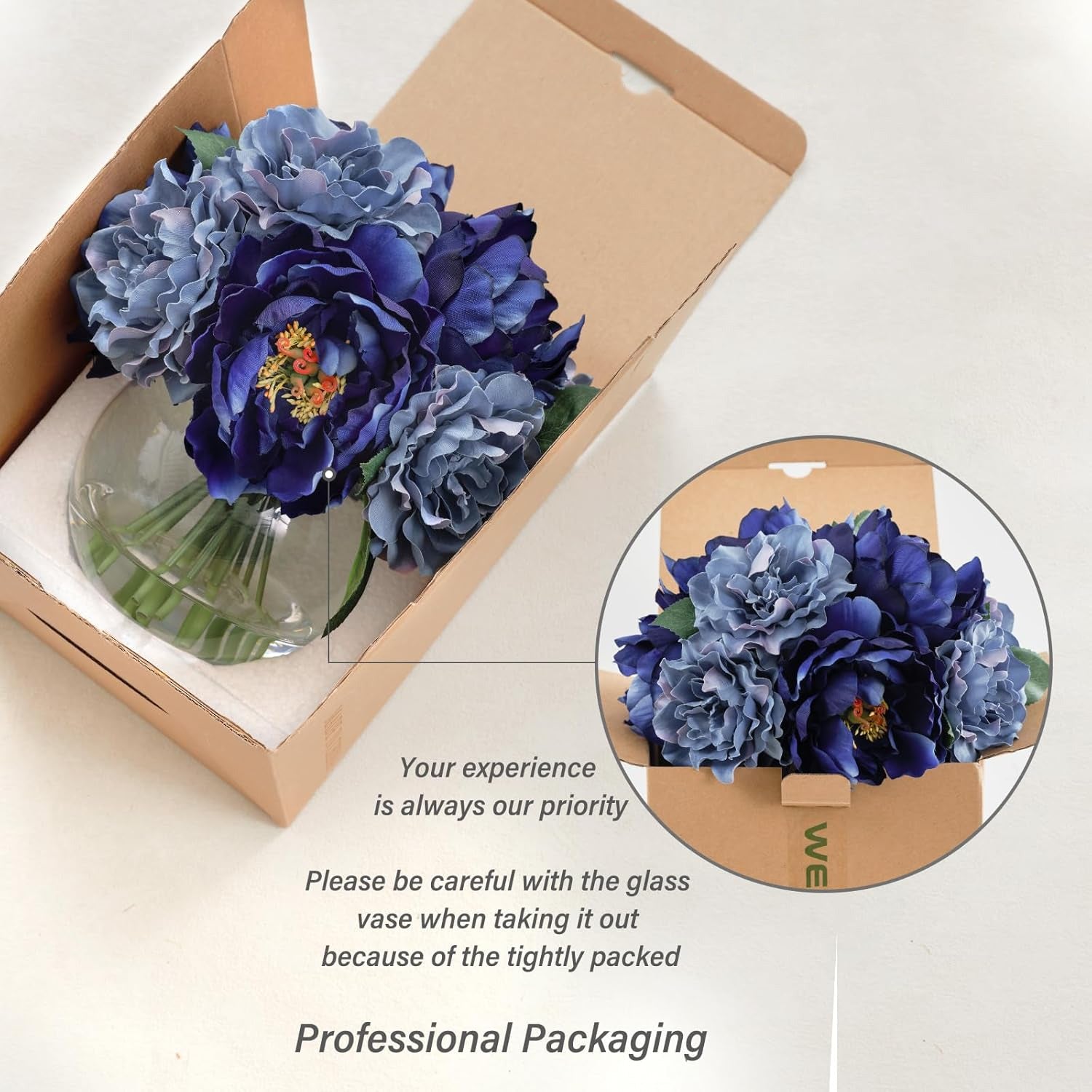 Artificial Blue Peonies in Glass Vase with Faux Water – Elegant Table Centerpiece