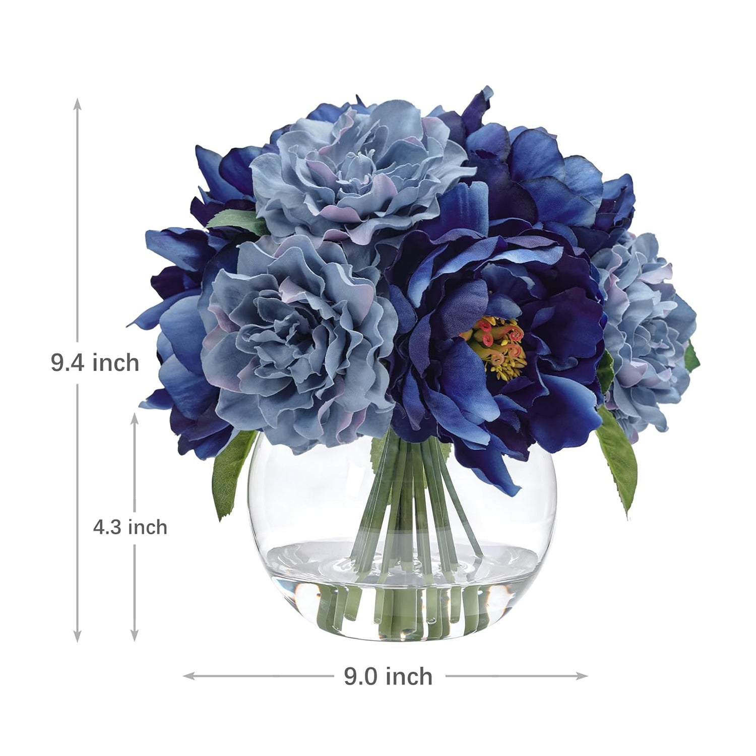 Artificial Blue Peonies in Glass Vase with Faux Water – Elegant Table Centerpiece
