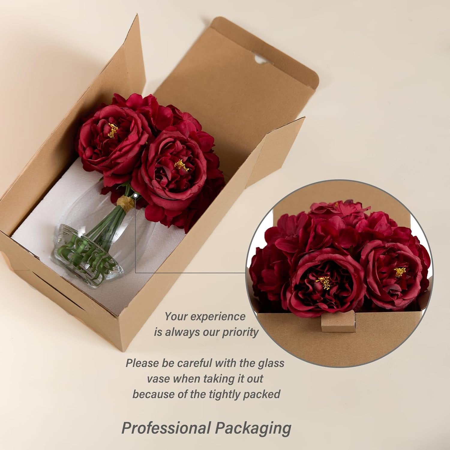 Artificial Red Peonies in Glass Vase with Faux Water – Elegant Table Centerpiece