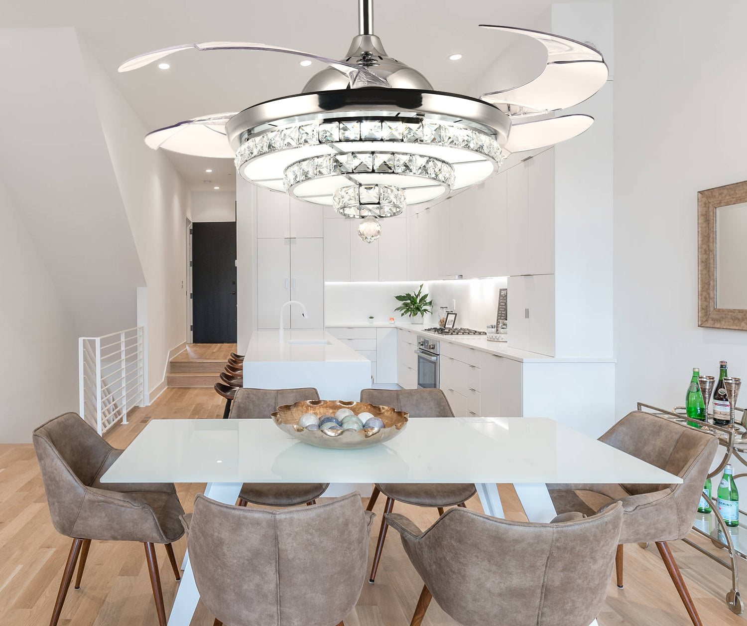 Silver Retractable Dimmable Fandelier Ceiling Fan