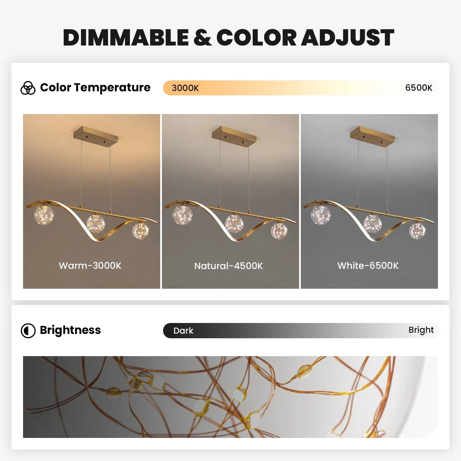 Linear LED Pendant Chandelier in Gold with Glass Globe Shade-Sofary Lighting