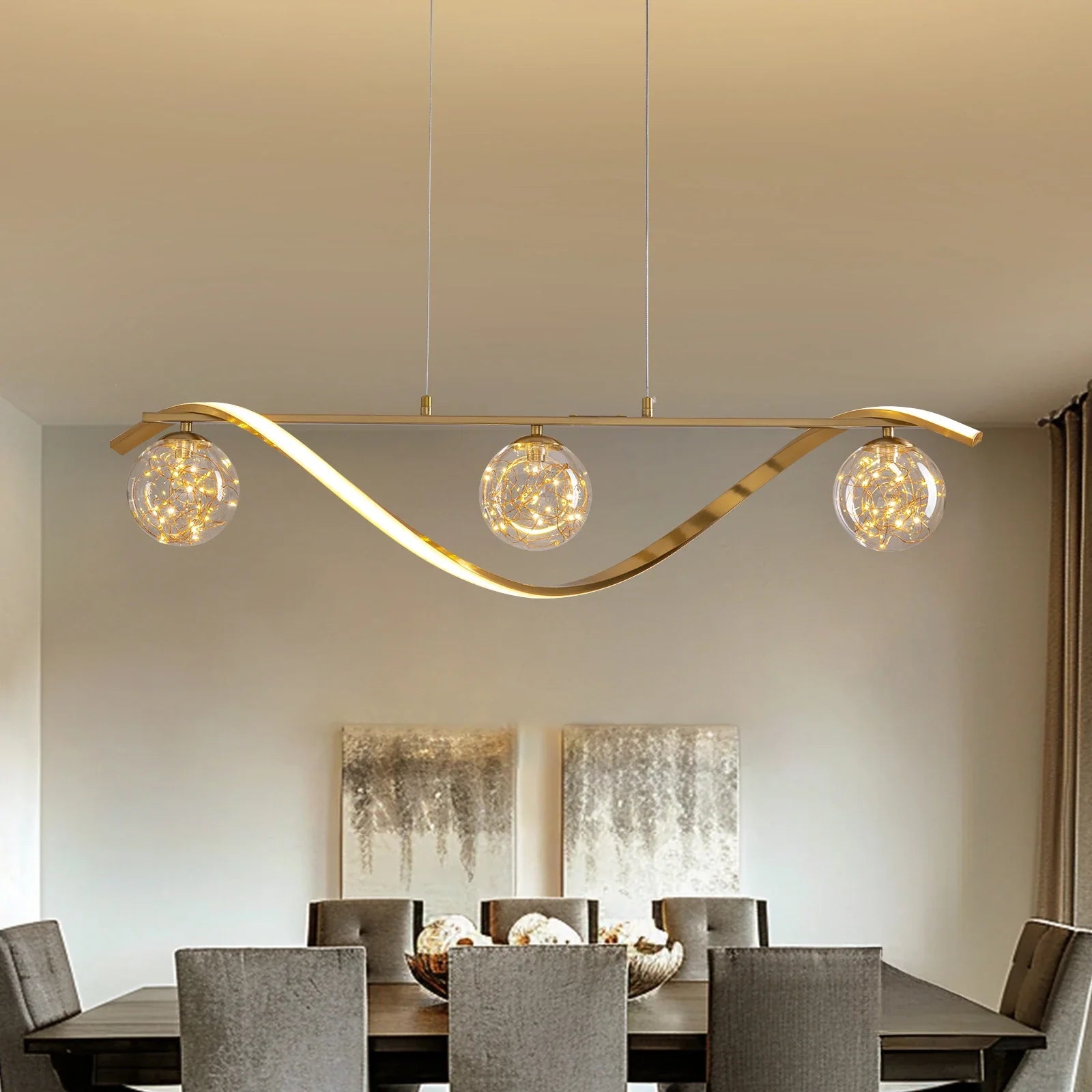 Linear LED Pendant Chandelier in Gold with Glass Globe Shade-Sofary Lighting