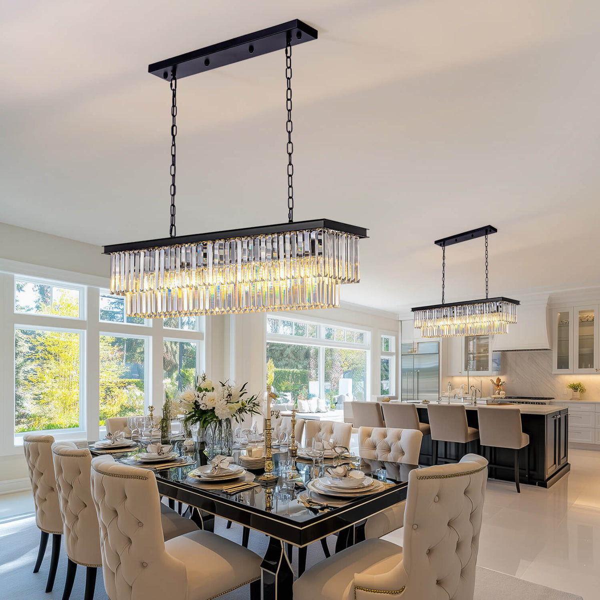 Modern Glam Black Metal Crystal Rectangular Chandelier for Dining Room and Kitchen Island | Siljoy Lighting-ch028-20250623-9