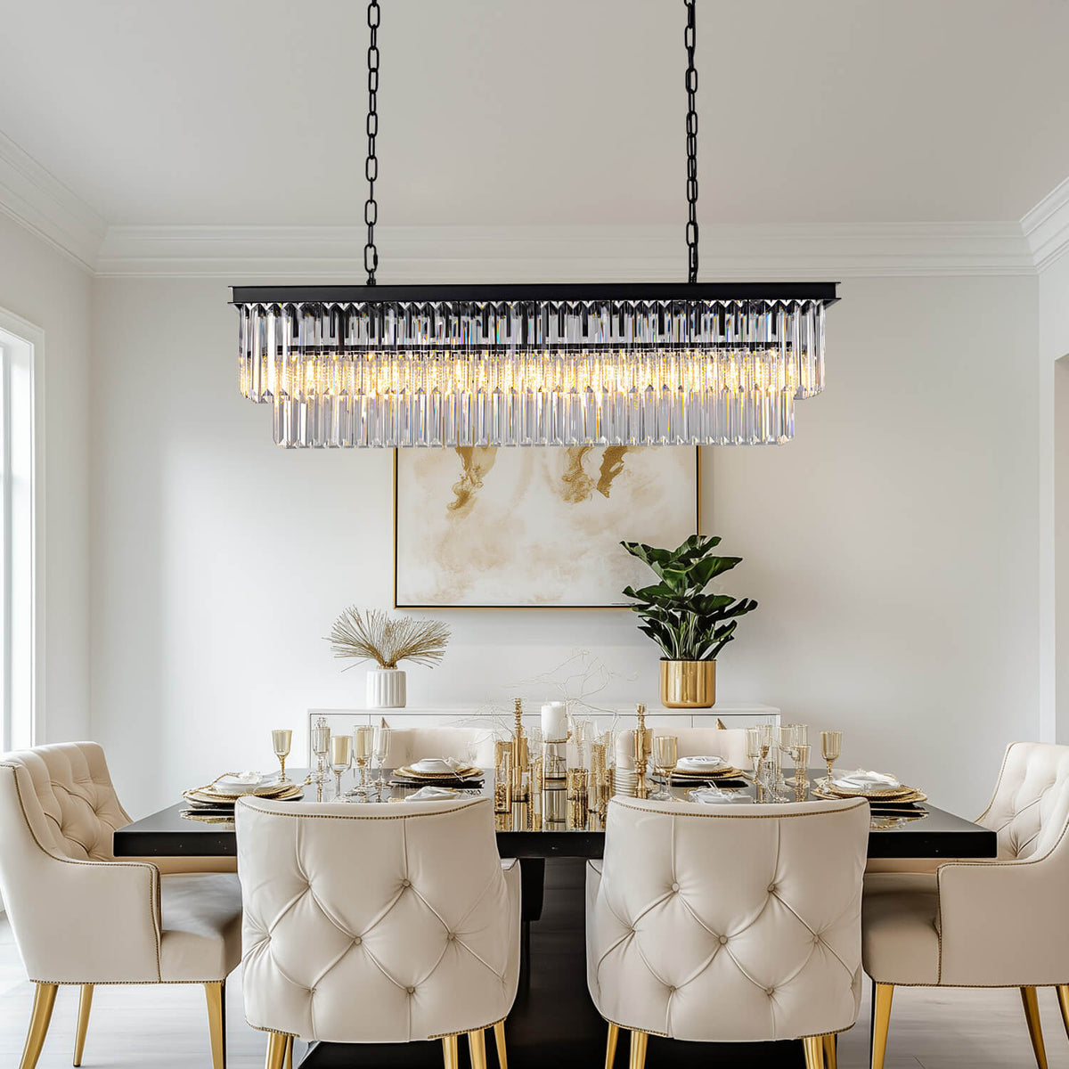 Modern Glam Black Metal Crystal Rectangular Chandelier for Dining Room and Kitchen Island | Siljoy Lighting-ch028-20250623-3