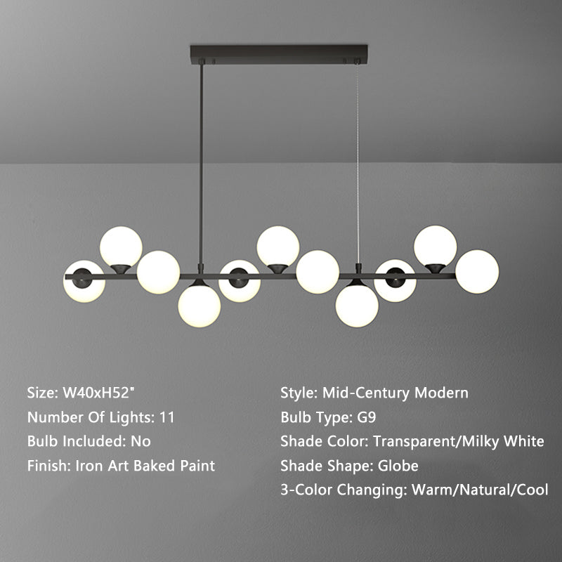 Sedona 11 Lights Elegant Modern Brass Linear Glass Globe Chandelier for Dining Room - W40xH52