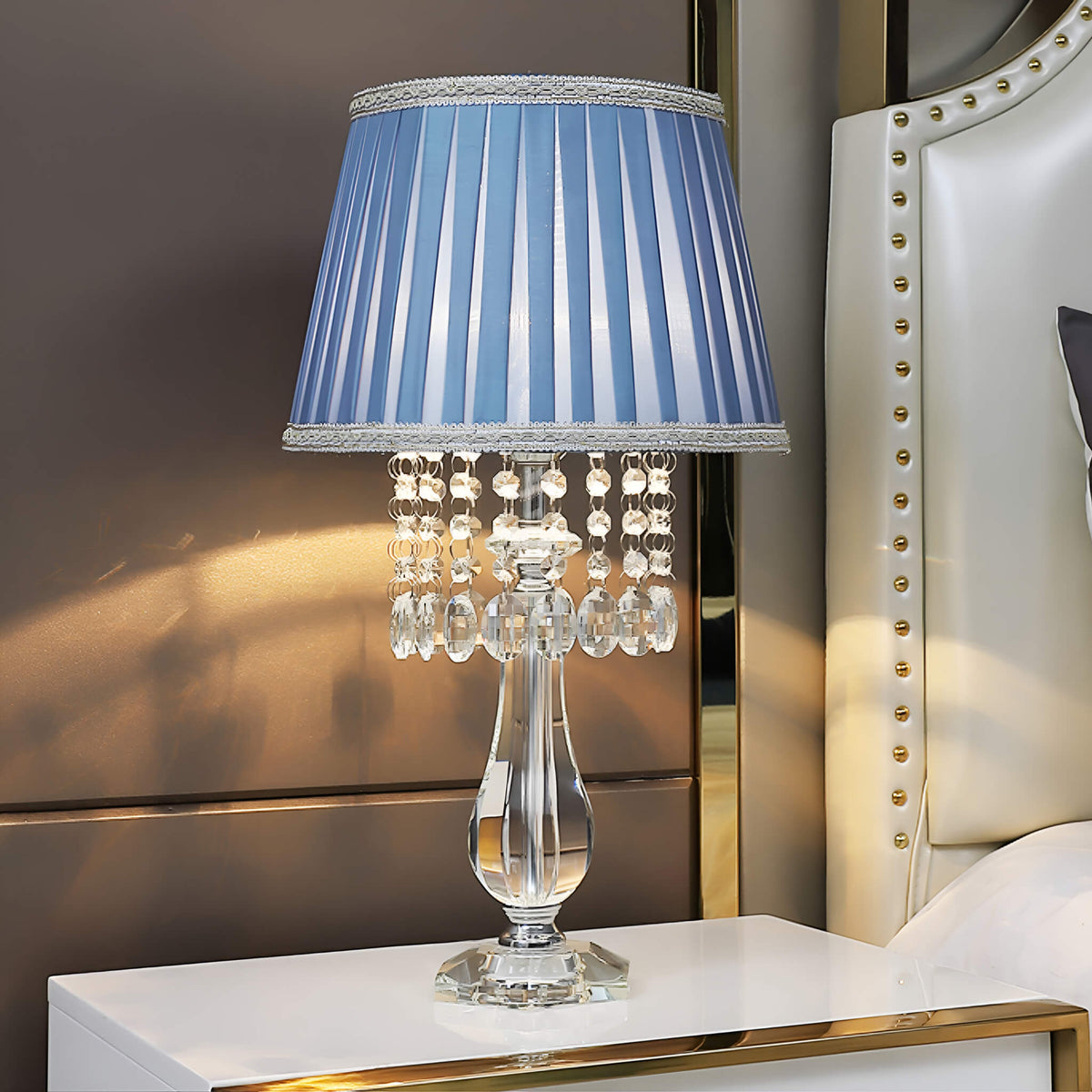 Fashion Crystal Table Lamp with Blue Lampshade-bedside |Siljoy