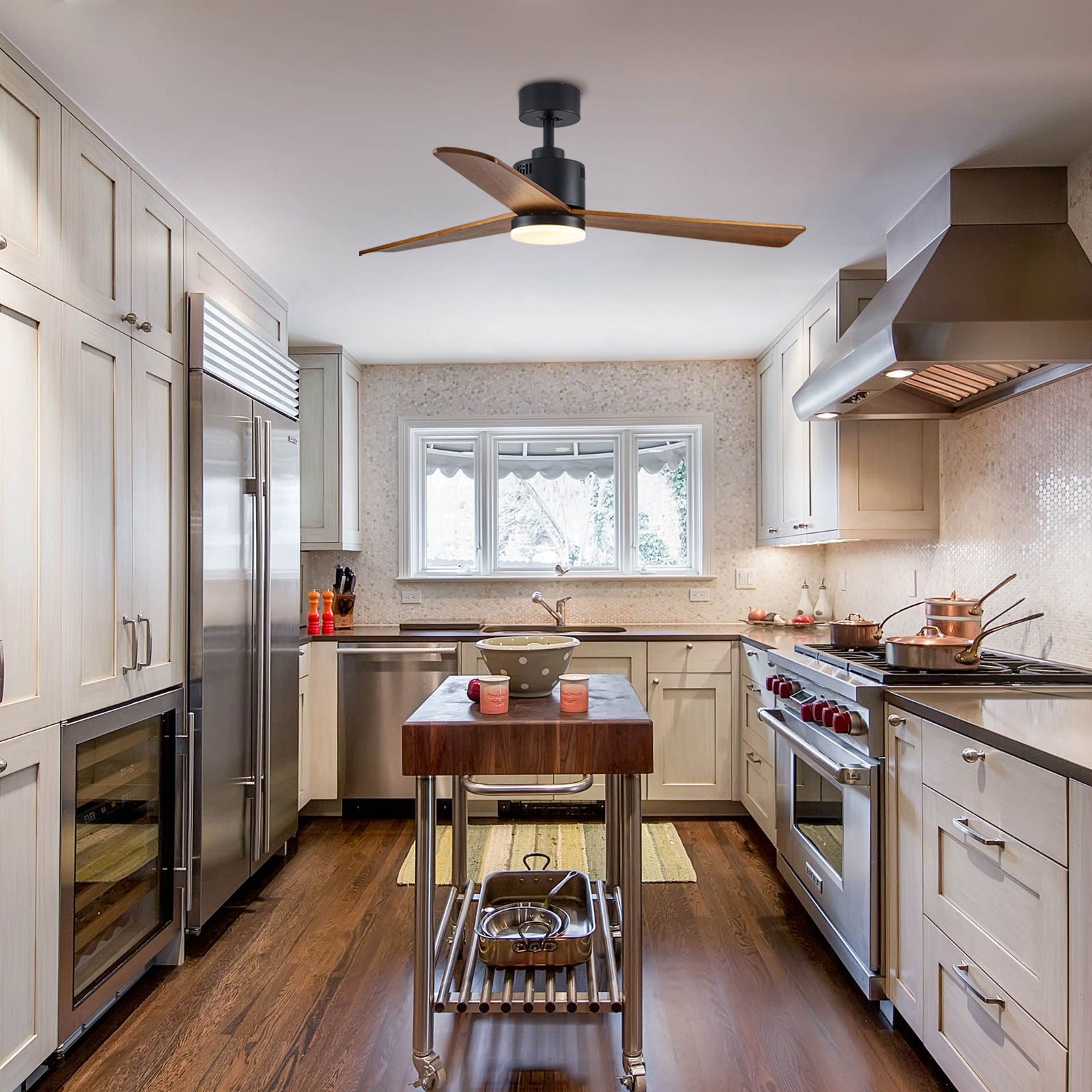 MOOONI-Ceiling-Fan-With-LED Strip-Matte-Black-Lampshade-52"-Wood-Blades-Kitchen