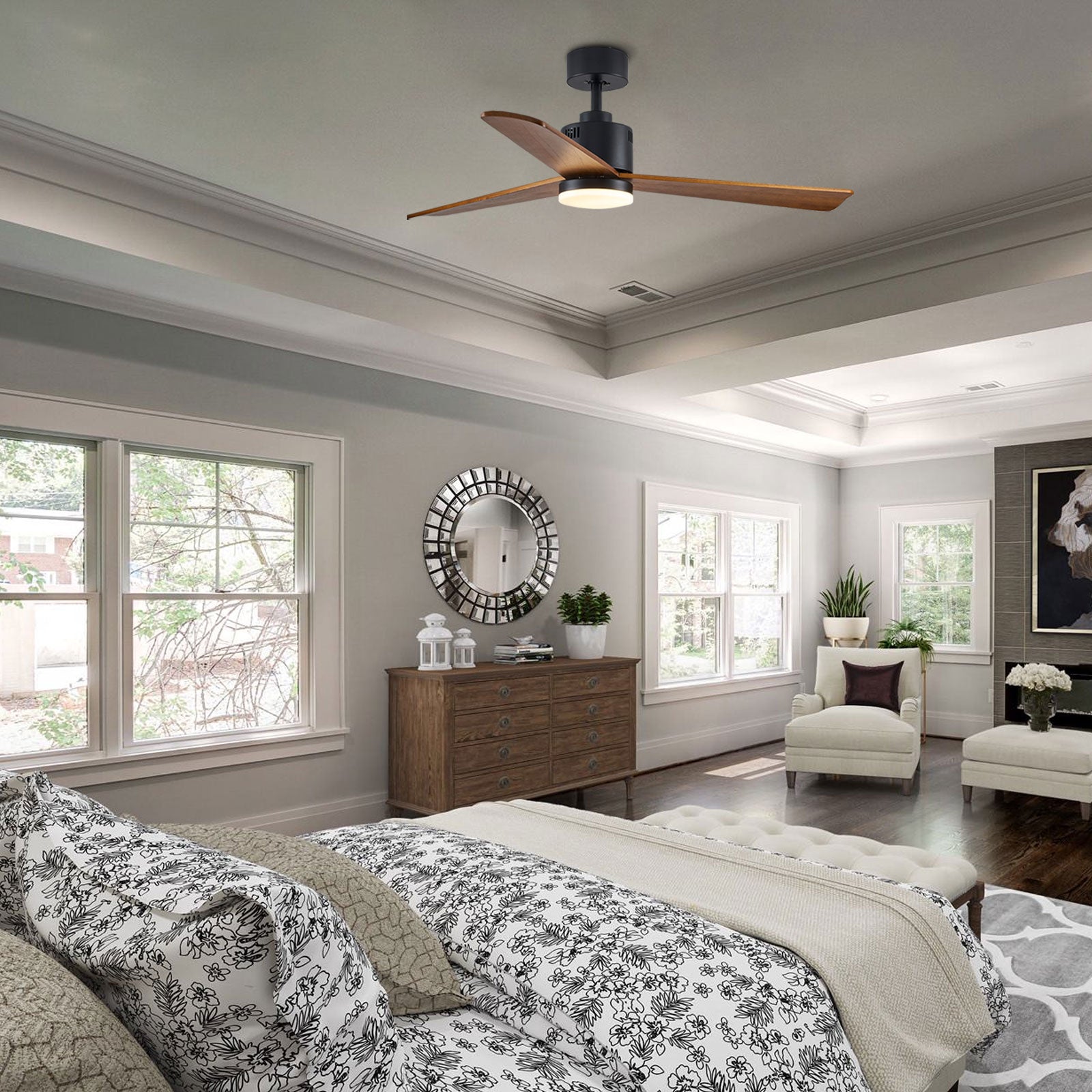 MOOONI-Ceiling-Fan-With-LED Strip-Matte-Black-Lampshade-52"-Wood-Blades-Bedroom