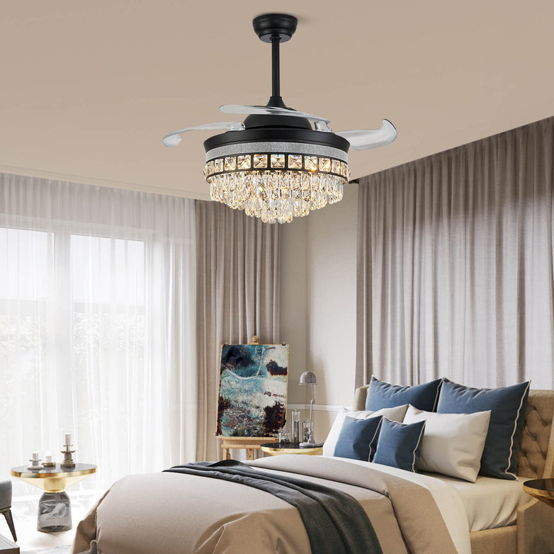 Top Rated Black Retractable Crystal Ceiling Fan Chandelier