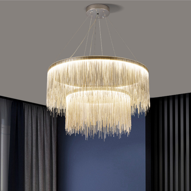 Modern-Chrome-Metal-Frame-Tassel-Two-Ring-Chandelier