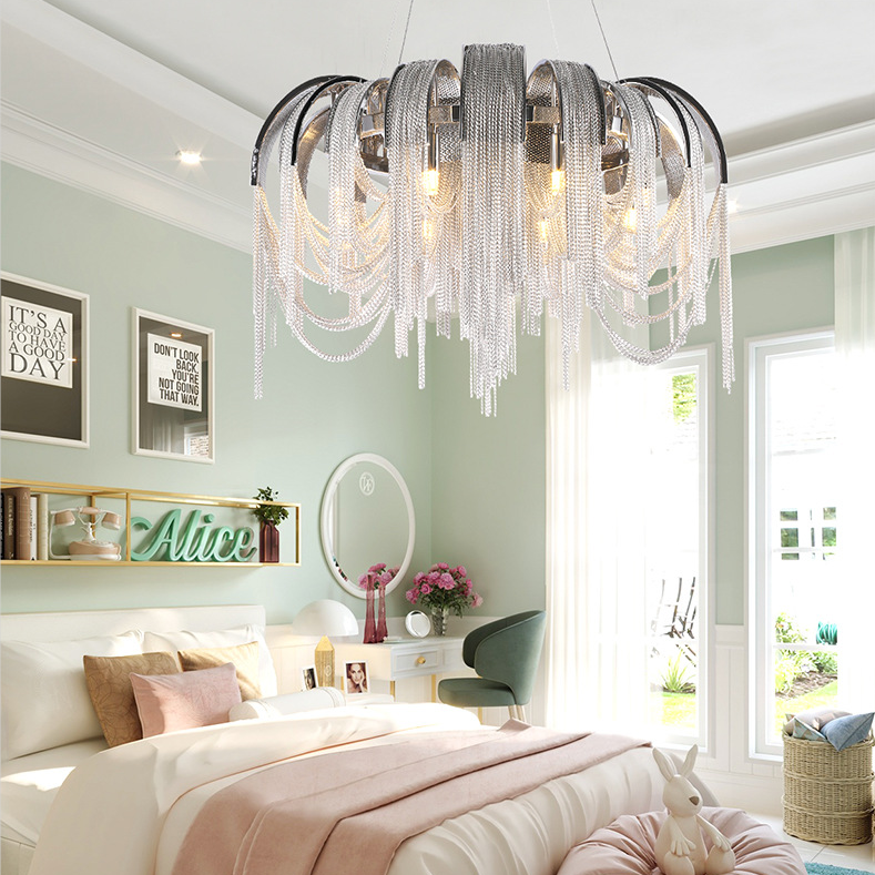 Modern-Chrome-Metal-Frame-Tassel-Round-Chandelier