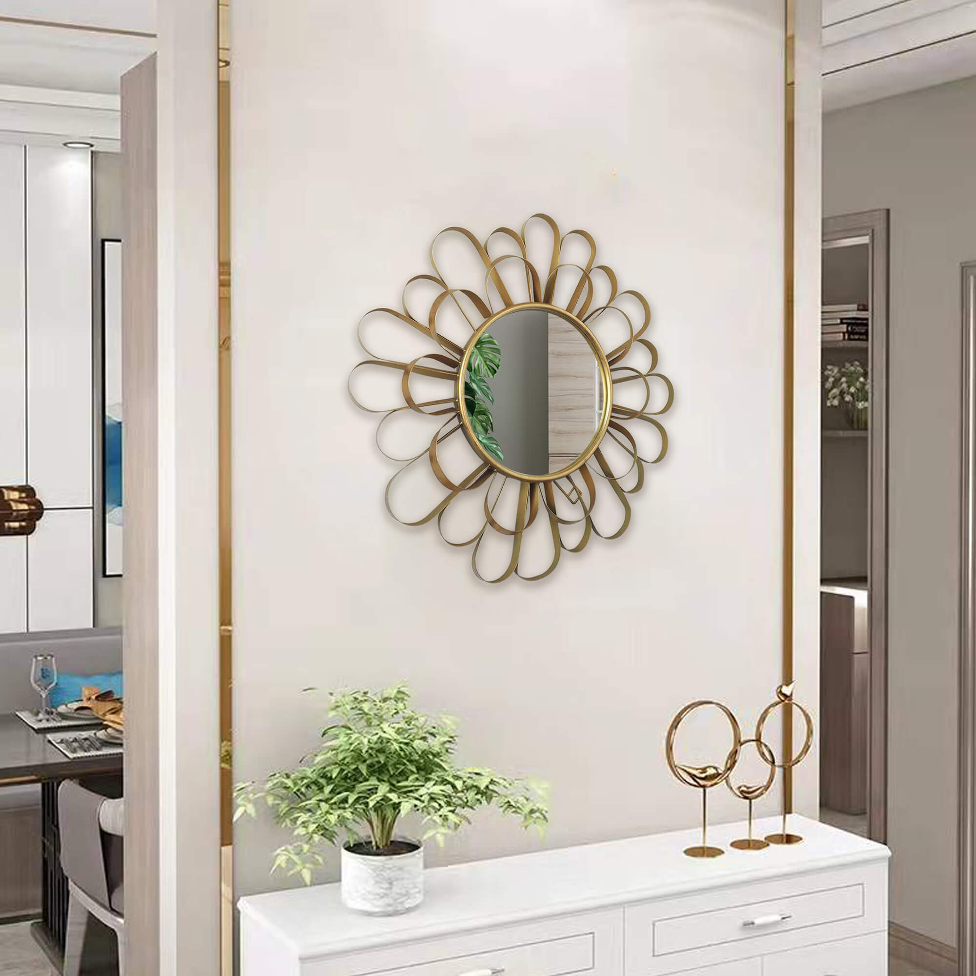 Modern-Round-Gold-Flower-Metal-Frame-Round -Wall-Mirror
