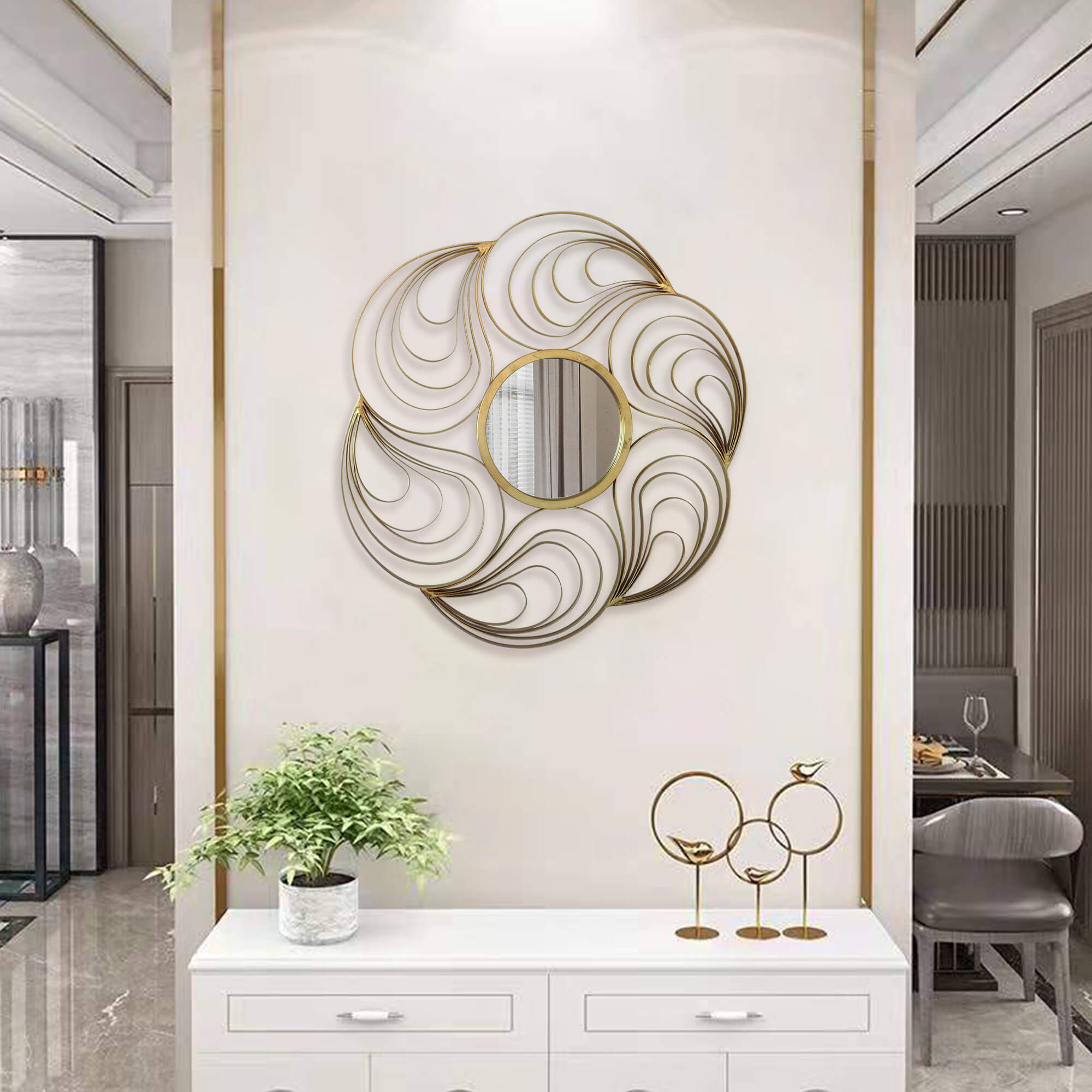 Modern-Flower-Gold-Metal-Frame-Round -Wall-Mirror