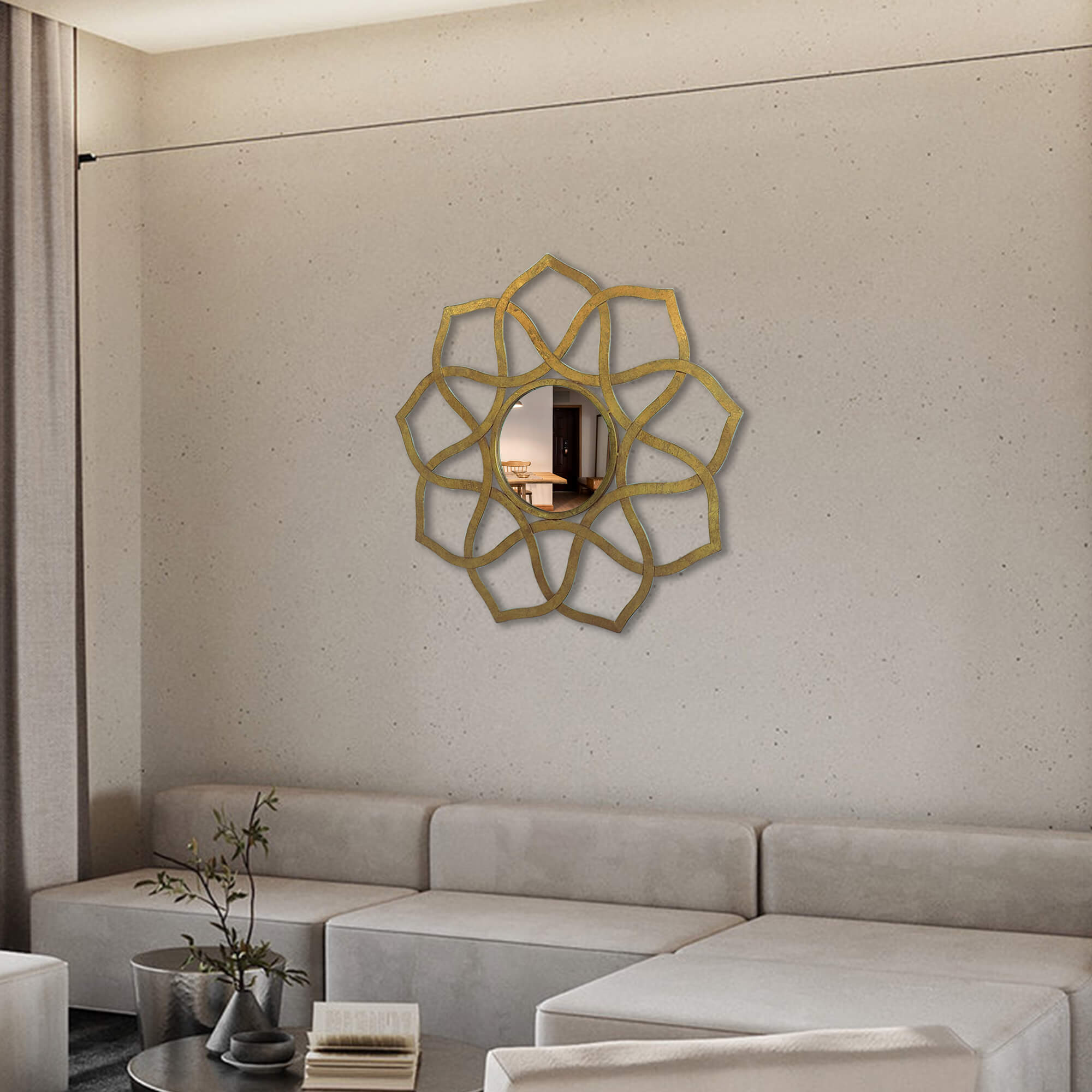Modern-Geometric-Bronze-Hollow-Out-Metal-Frame-Round -Wall-Mirror