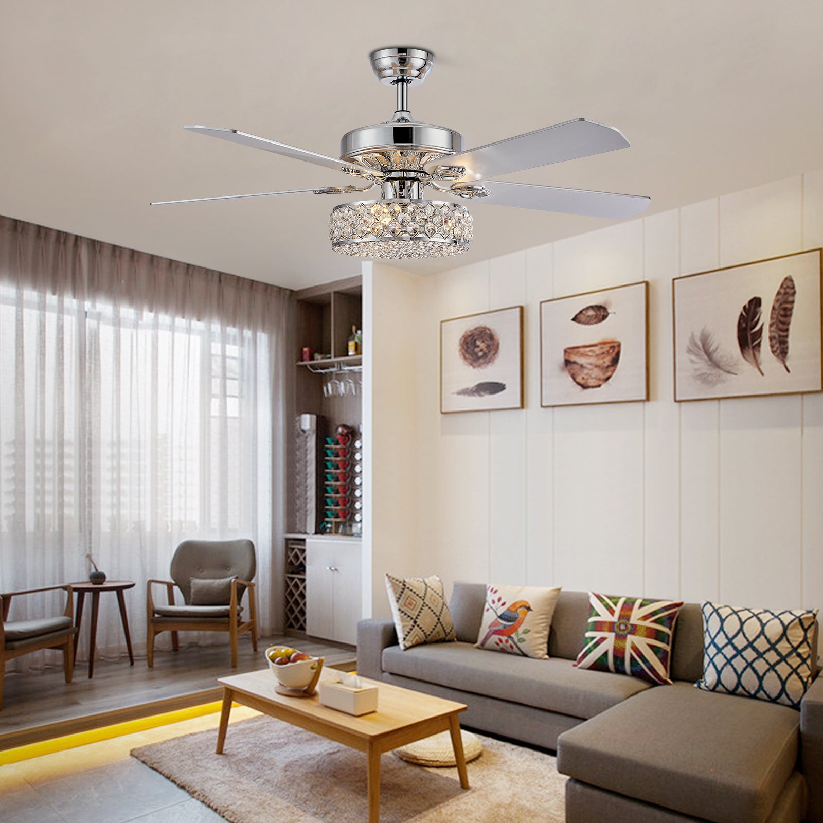 MOOONI-Ceiling-Fan-Light-Chrome-Vintage-Three-layer-Octagonal Beads-Crystal-Fandelier-50“-Living-Room