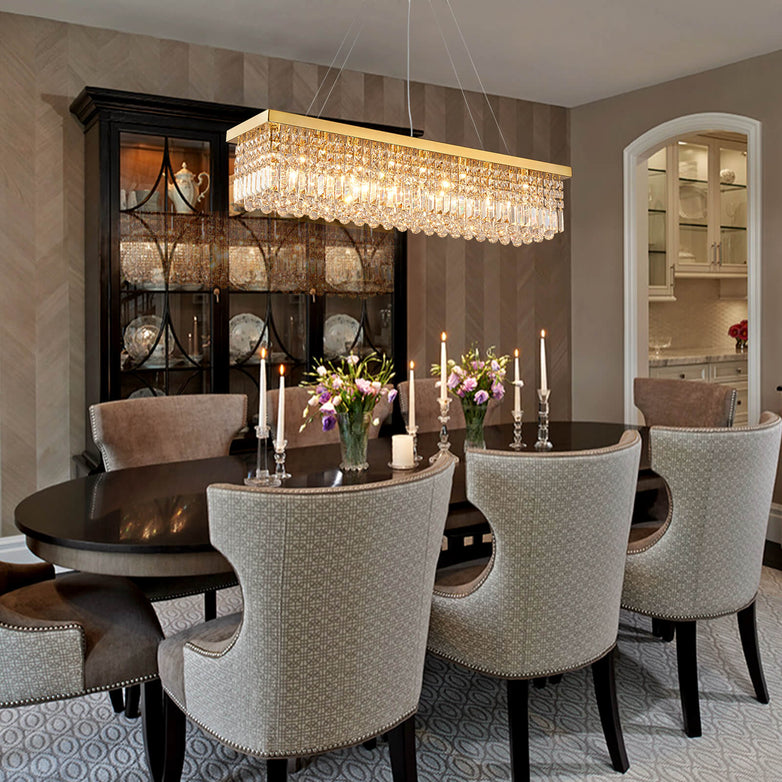 Rectangular Gold Canopy Crystal Chandelier For Kitchen