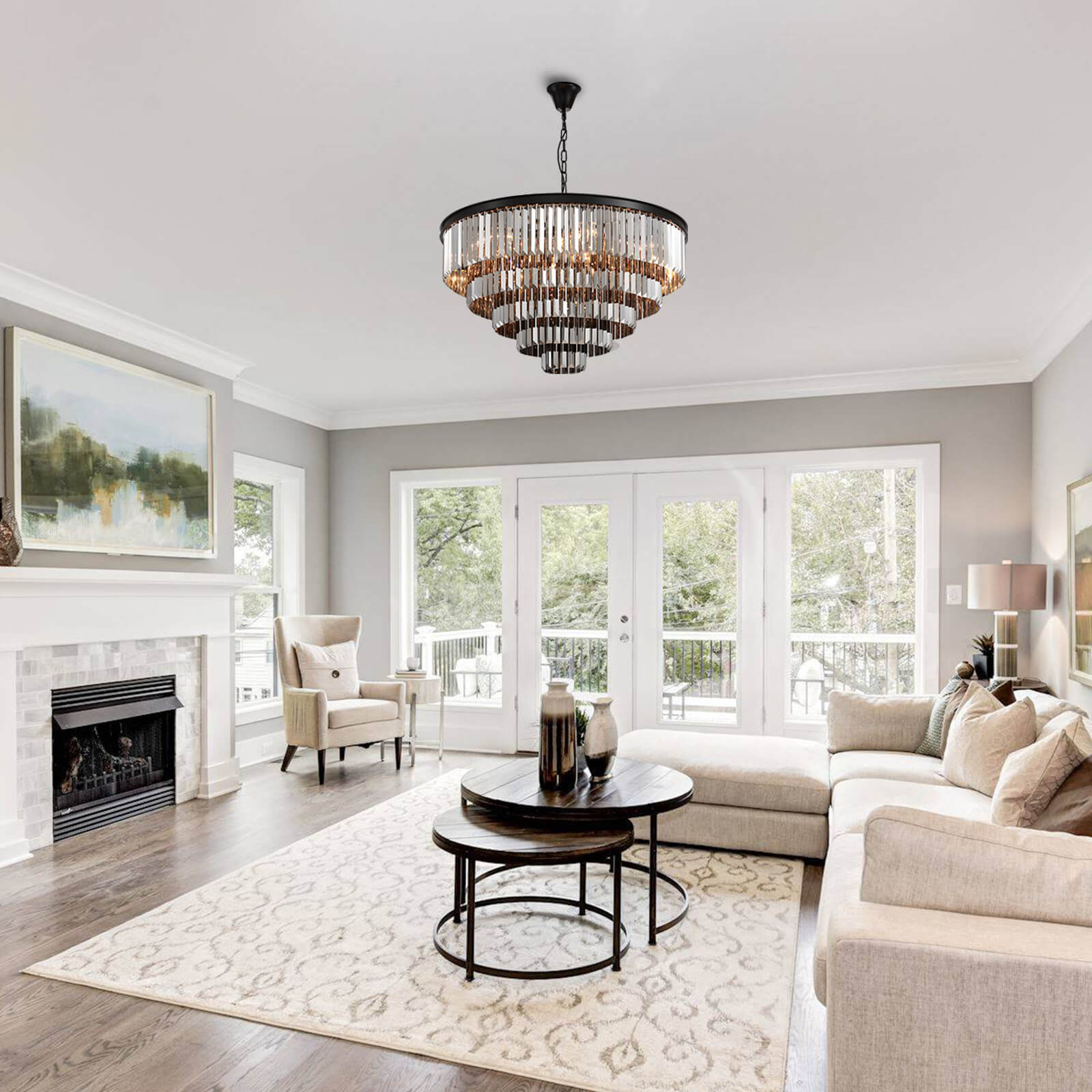 Round Black Iron 5-layer Smoke Gray Crystal Chandelier