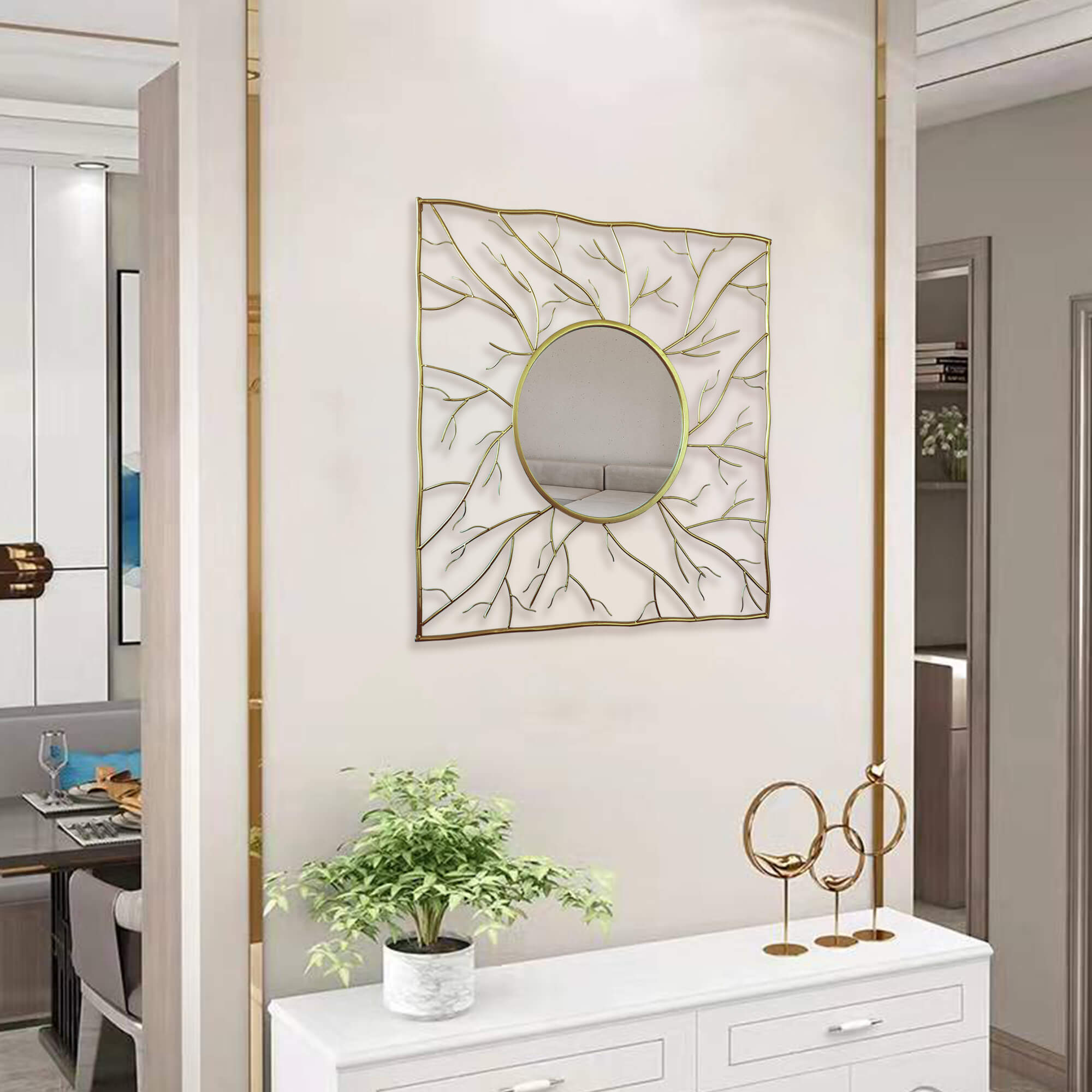 Modern-Gold-Square-Metal-Frame-Round -Accent-Mirror