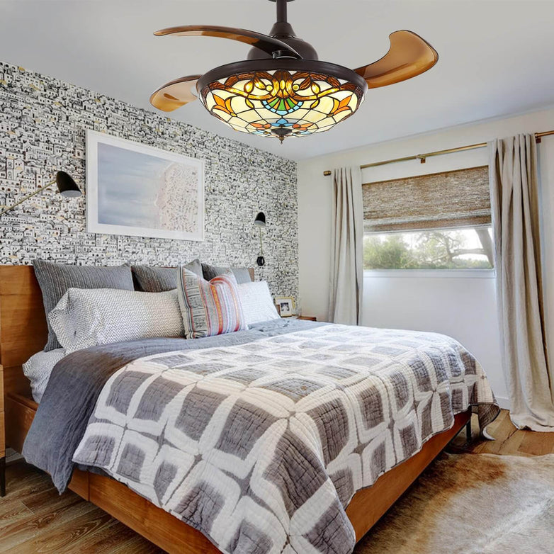 MOOONI-Ceiling-Fan-Chandelier-Matte-Black-Retractable-Tiffany-Fandelier-Brown-Blades-Bedroom