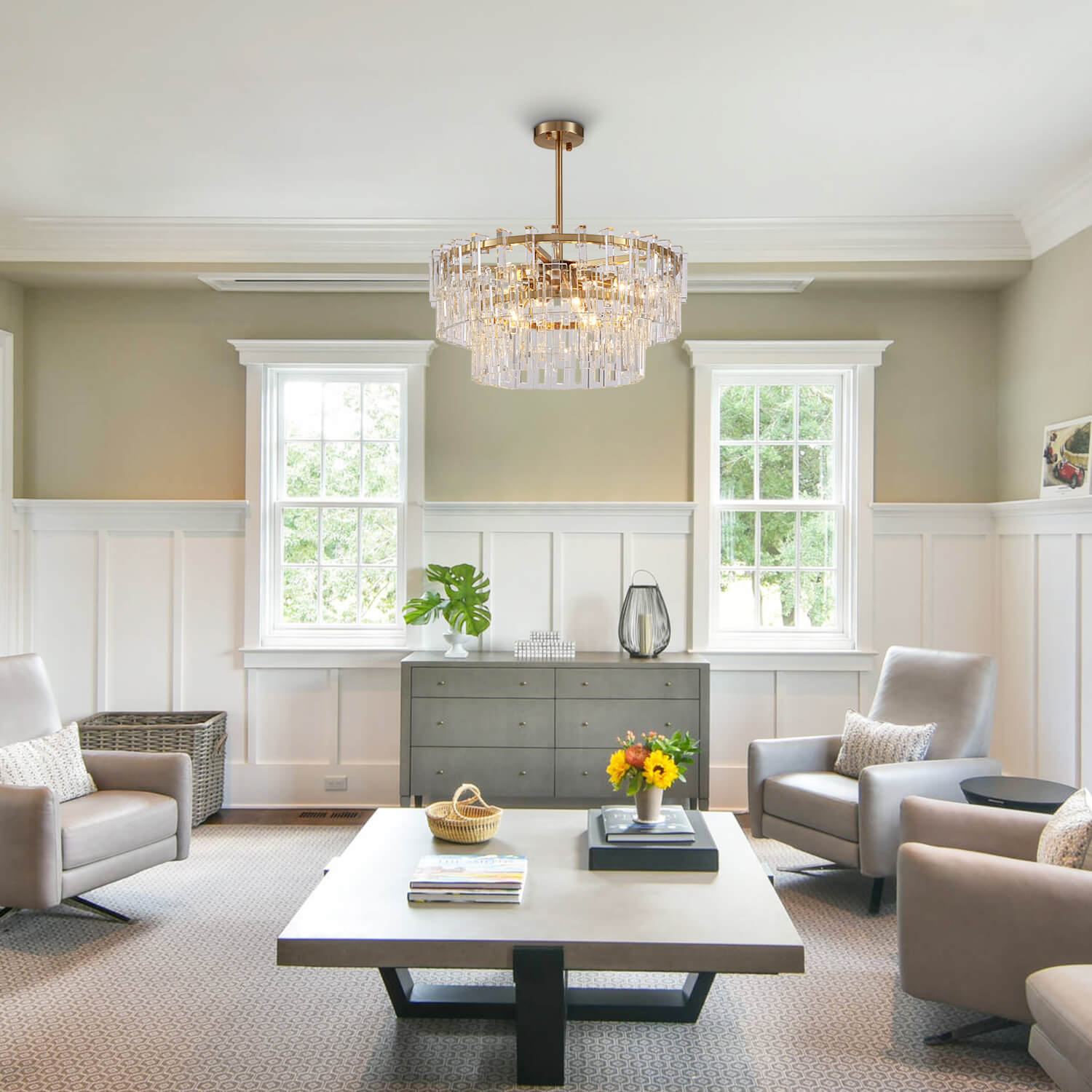 Gold Frame Crystal 3 Layers Circular Chandelier