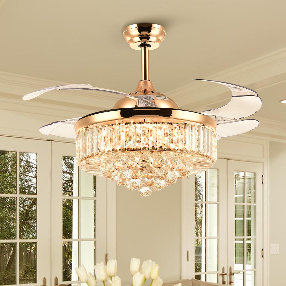 42''Reversible Chandelier Crystal Ceiling Fan with Lights, Stepless Dimming  Modern Ceiling Fan Remote Control Retractable Invisible Blades, 6 Speeds  Indoor Fandelier Kits for Living Room Bedroom 