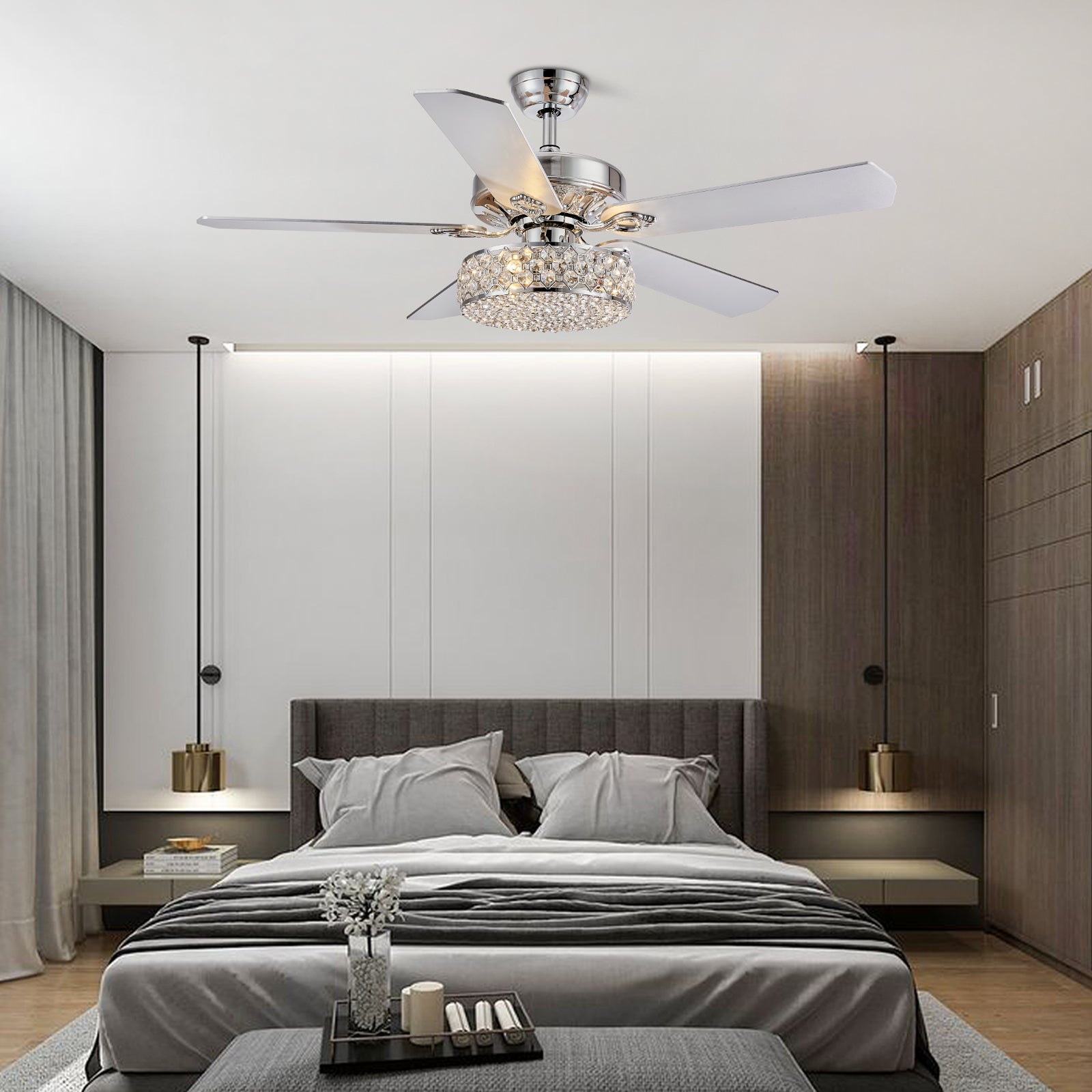 MOOONI-Ceiling-Fan-Light-Chrome-Vintage-Three-layer-Octagonal Beads-Crystal-Fandelier-50“-Bedroom