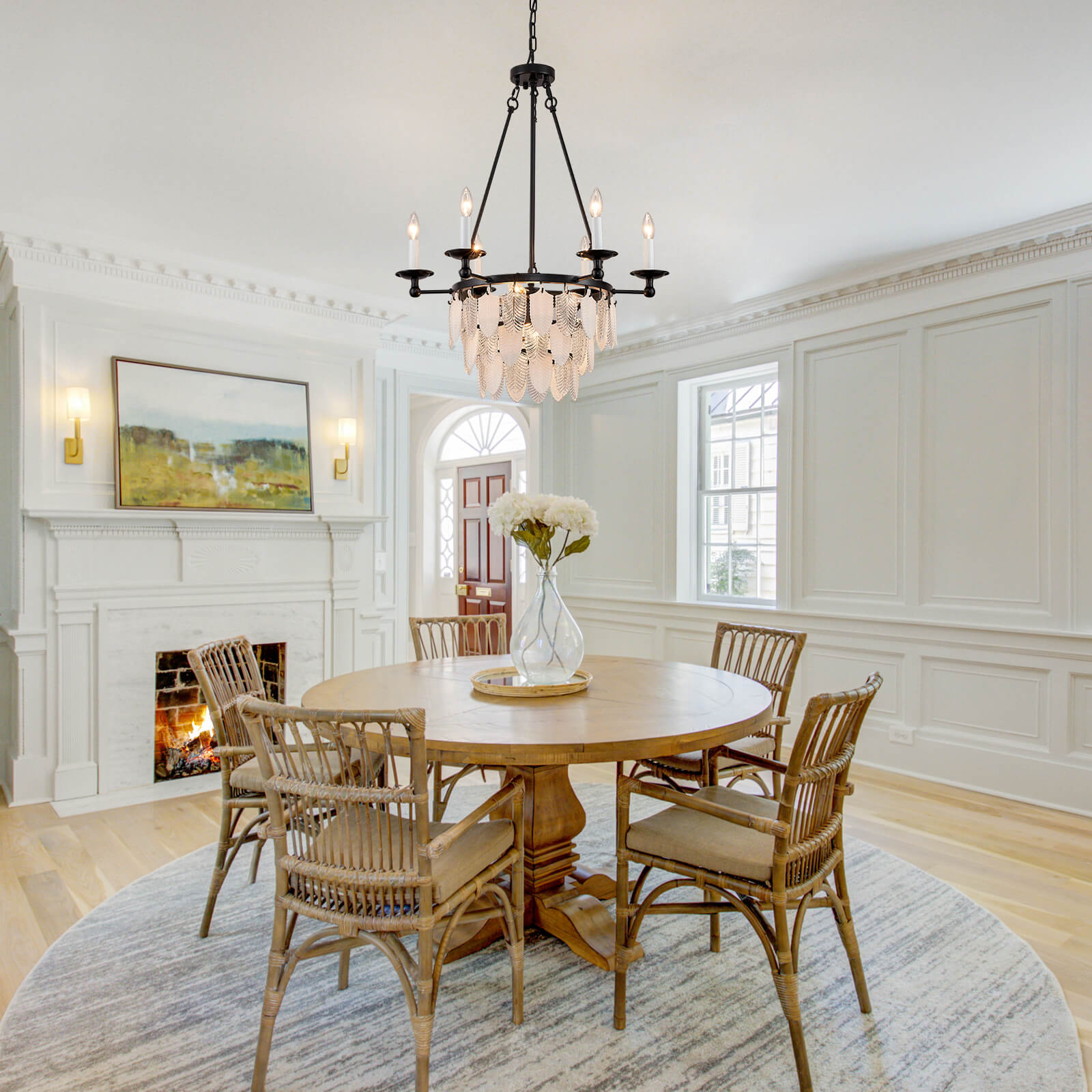 Modern-Matte-Black-Leaves-Candelabra-Round-Pendant-Light-Kitchen-Room