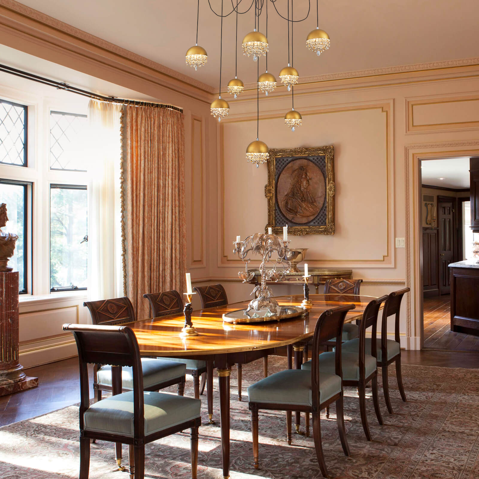 Gold Spider-Shaped String Ball Crystal Chandelier 9 Lights