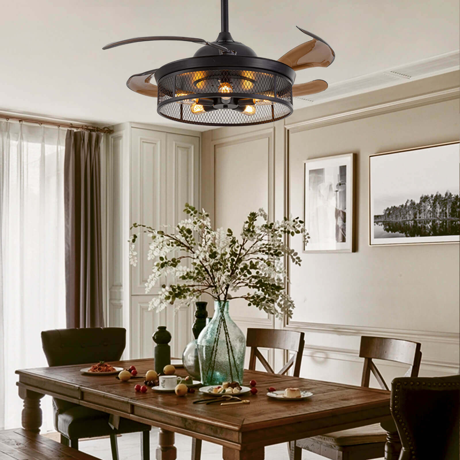 Industrial Black Caged Retractable Fandelier