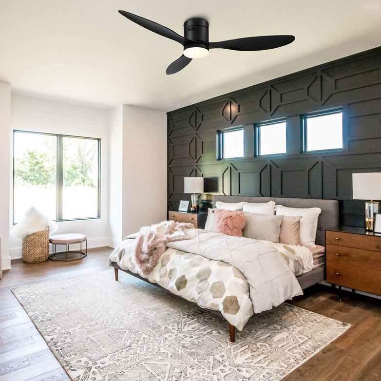MOOONI-Ceiling-Fan-LED Strip-Matte-Black-Lampshade-Black-Wood-Blades-Bedroom
