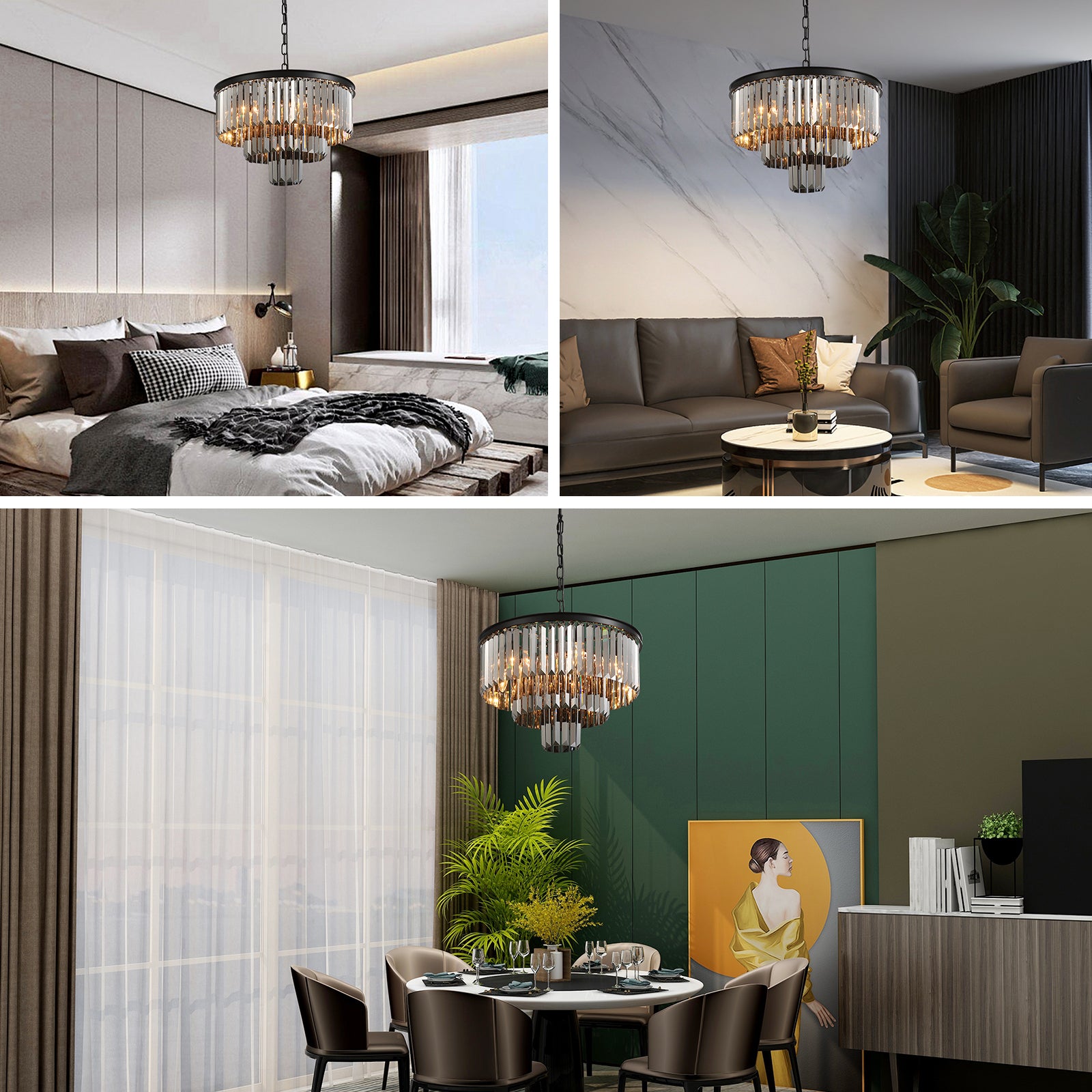 Smoke Gray Round Iron Art 3-layer Chandelier