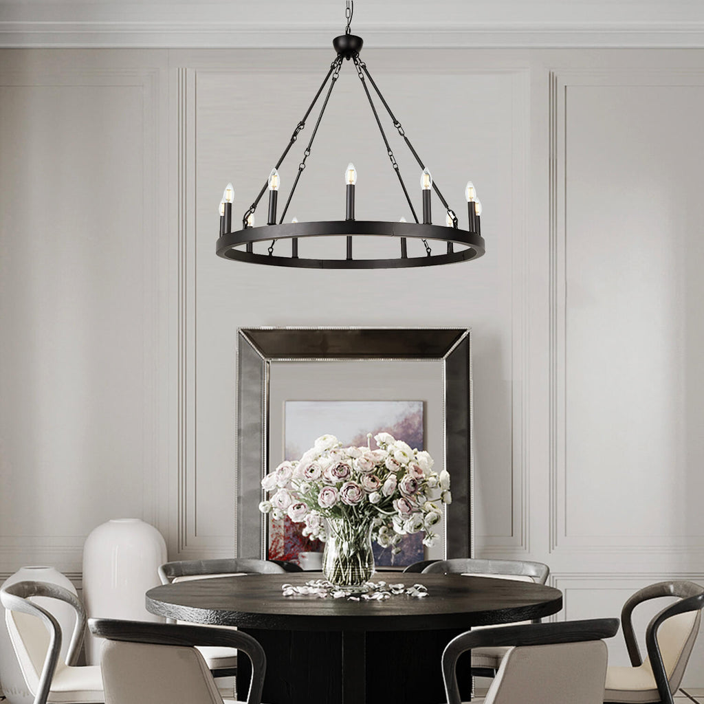 12 Lights Wagon Wheel Chandelier Black Round Globe Wrought Iron Pendant Lights-diningroom-1 | Sofary Lighting