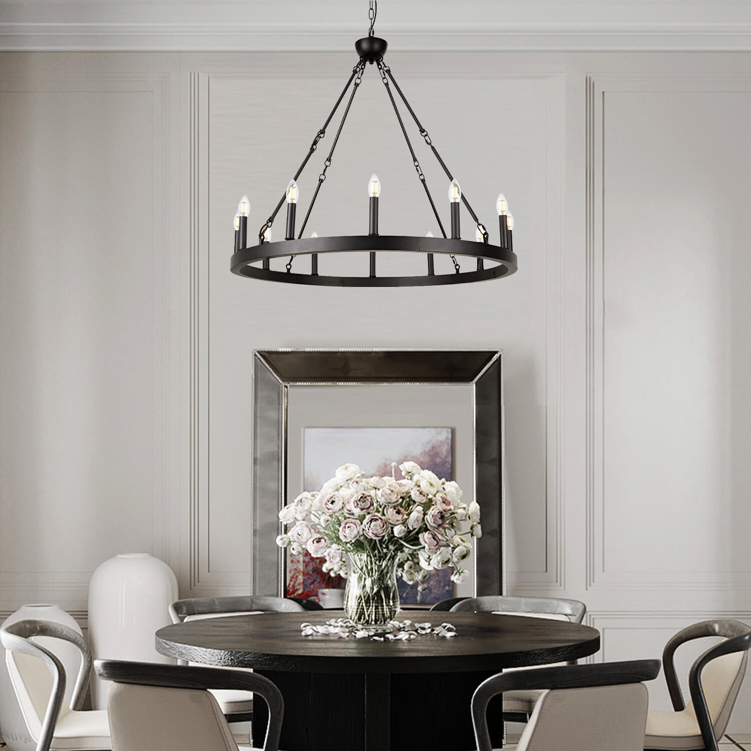 12 Lights Wagon Wheel Chandelier Black Round Globe Wrought Iron Pendant Lights-diningroom-1 | Sofary Lighting