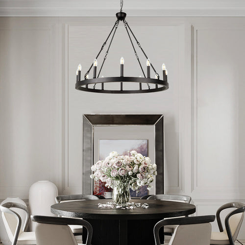 12 Lights Wagon Wheel Chandelier Black Round Globe Wrought Iron Pendant Lights-diningroom-1 | Sofary Lighting