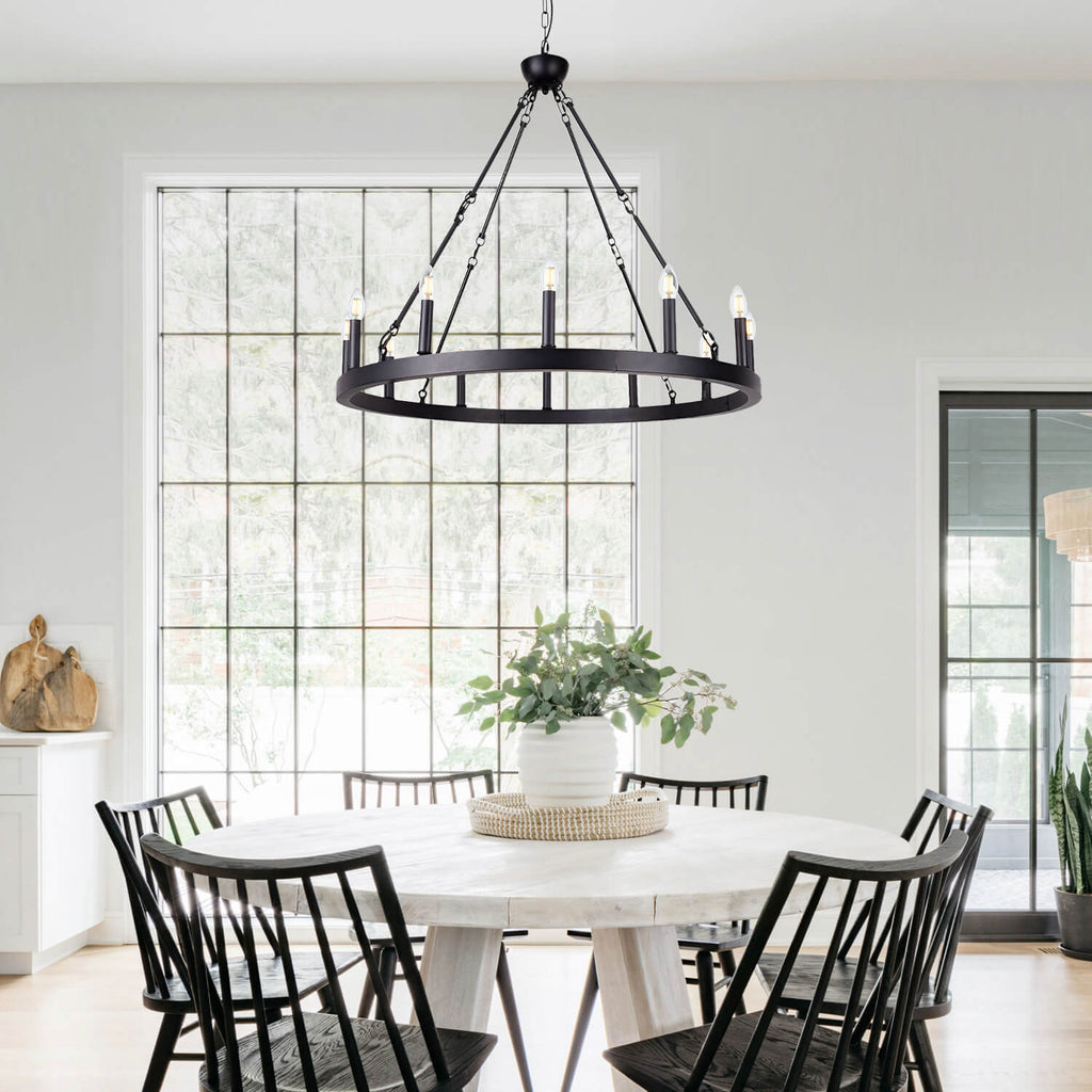 12 Lights Wagon Wheel Chandelier Black Round Globe Wrought Iron Pendant Lights-diningroom-2 | Sofary Lighting