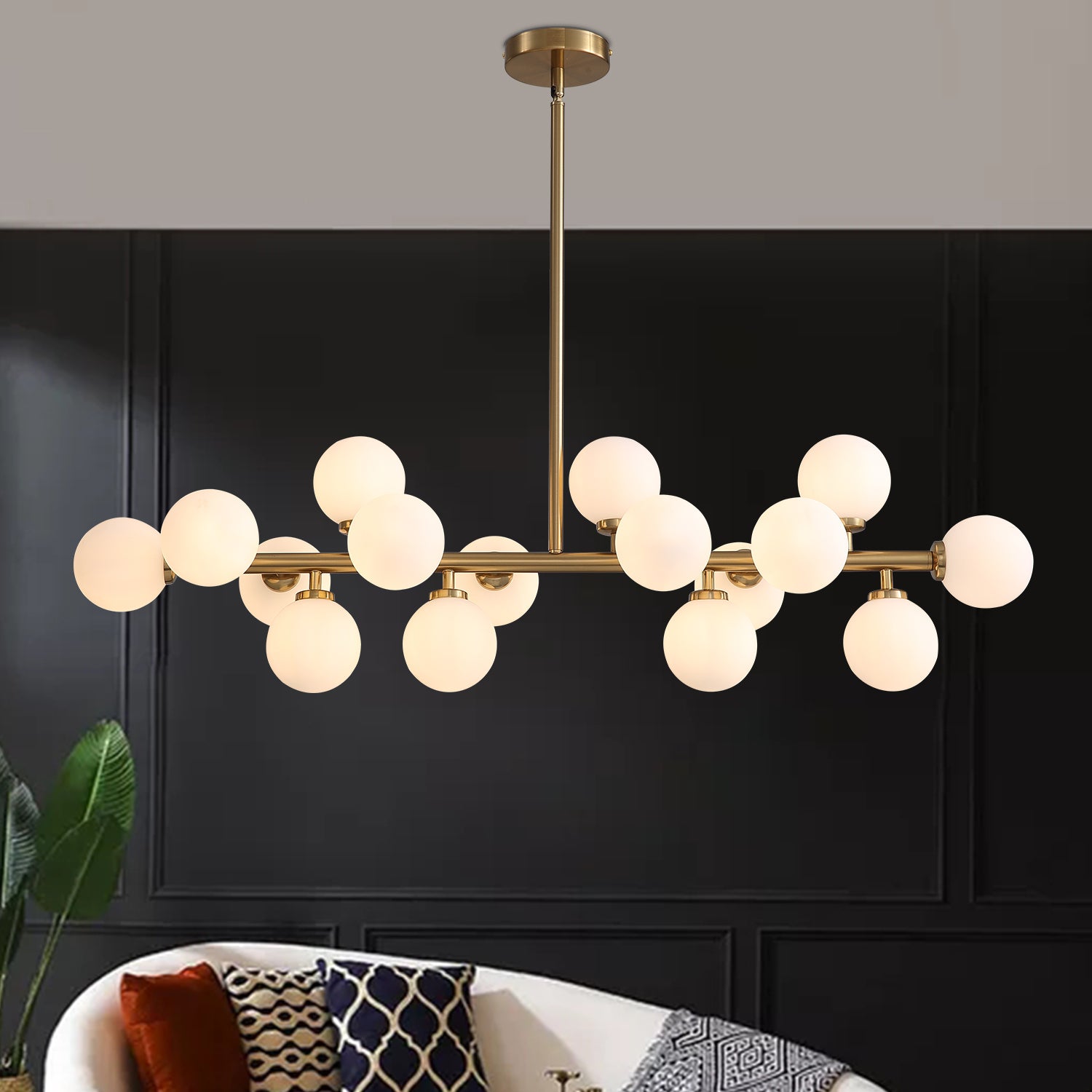 Mid-Century Glass Globe Black Stents Hanging Light