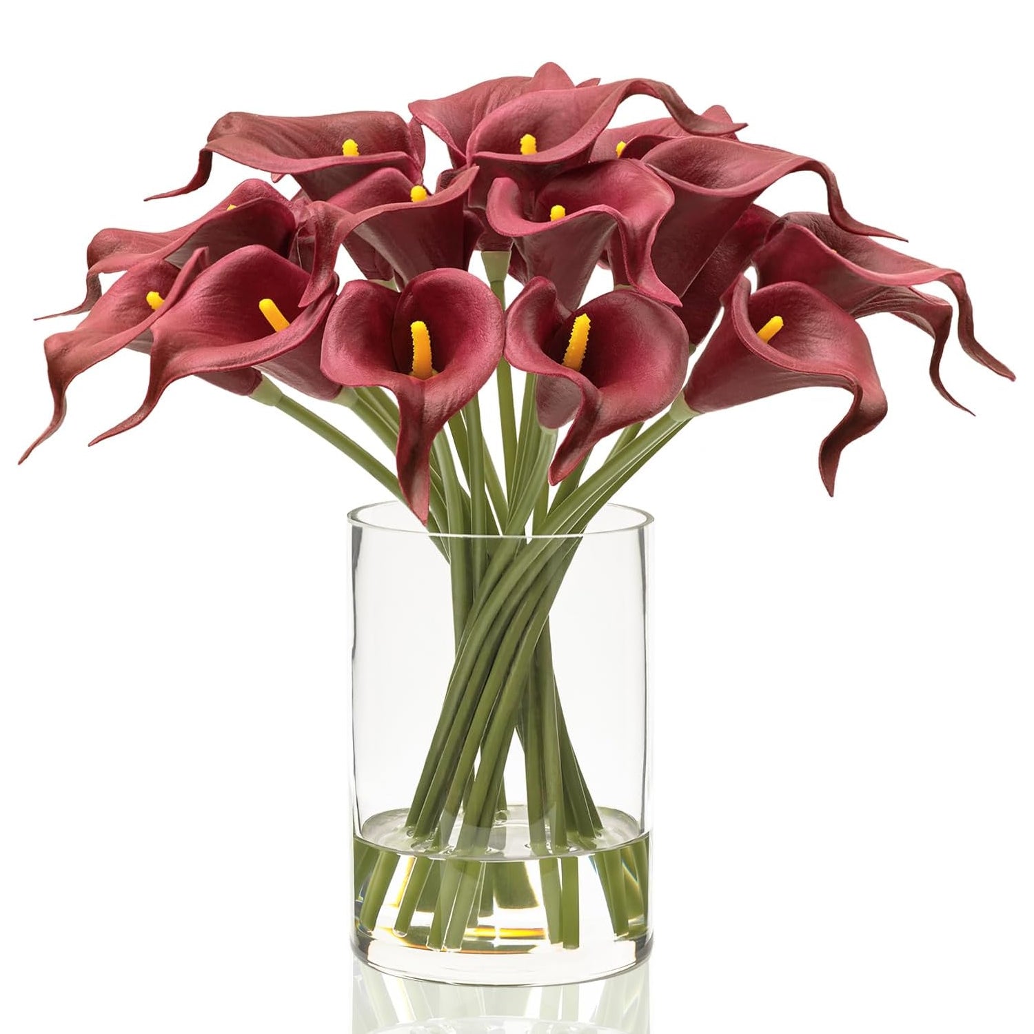 Artificial Burgundy Red Calla Lilies in Glass Vase with Faux Water – Elegant Table Centerpiece