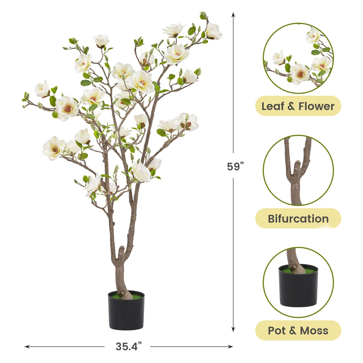 Artificial White Magnolia Tree in Pot – Realistic Faux Indoor Floor Plant for Home & Office Décor