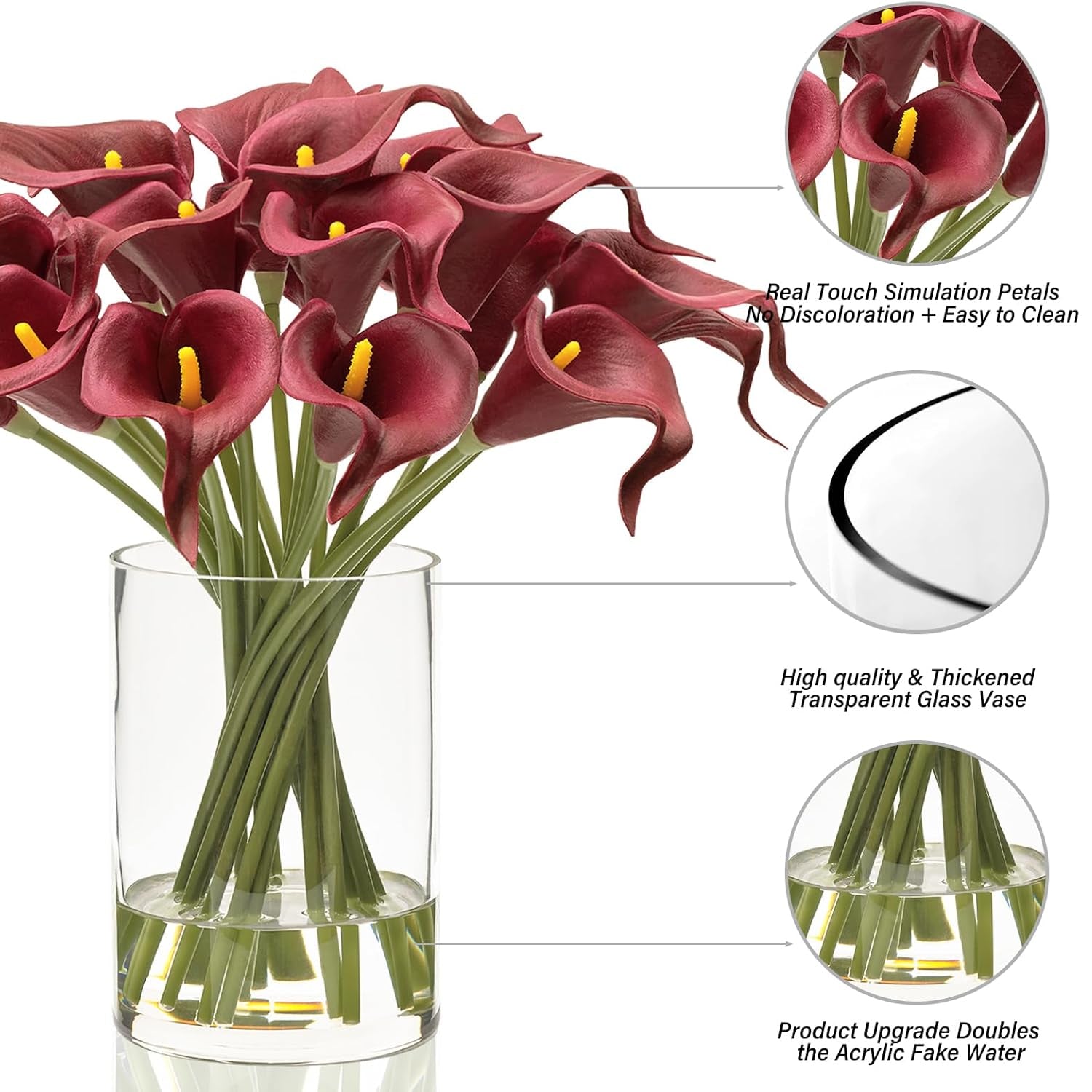 Artificial Burgundy Red Calla Lilies in Glass Vase with Faux Water – Elegant Table Centerpiece