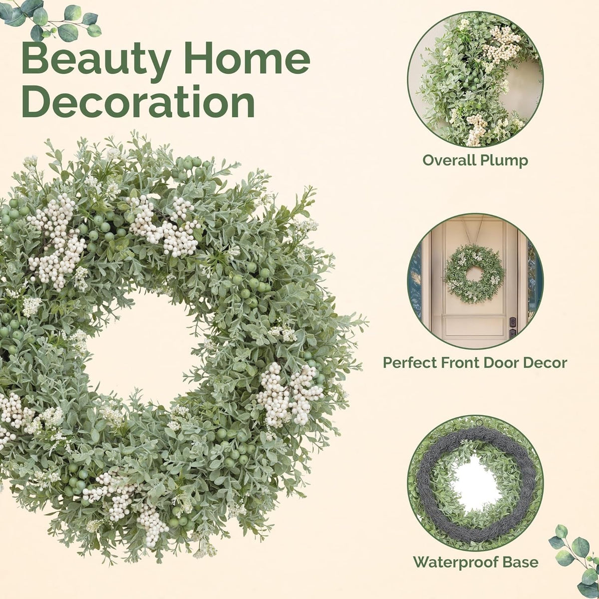 Artificial Greenery Wreath for Front Door – 20" All-Season Floral Door & Wall Décor