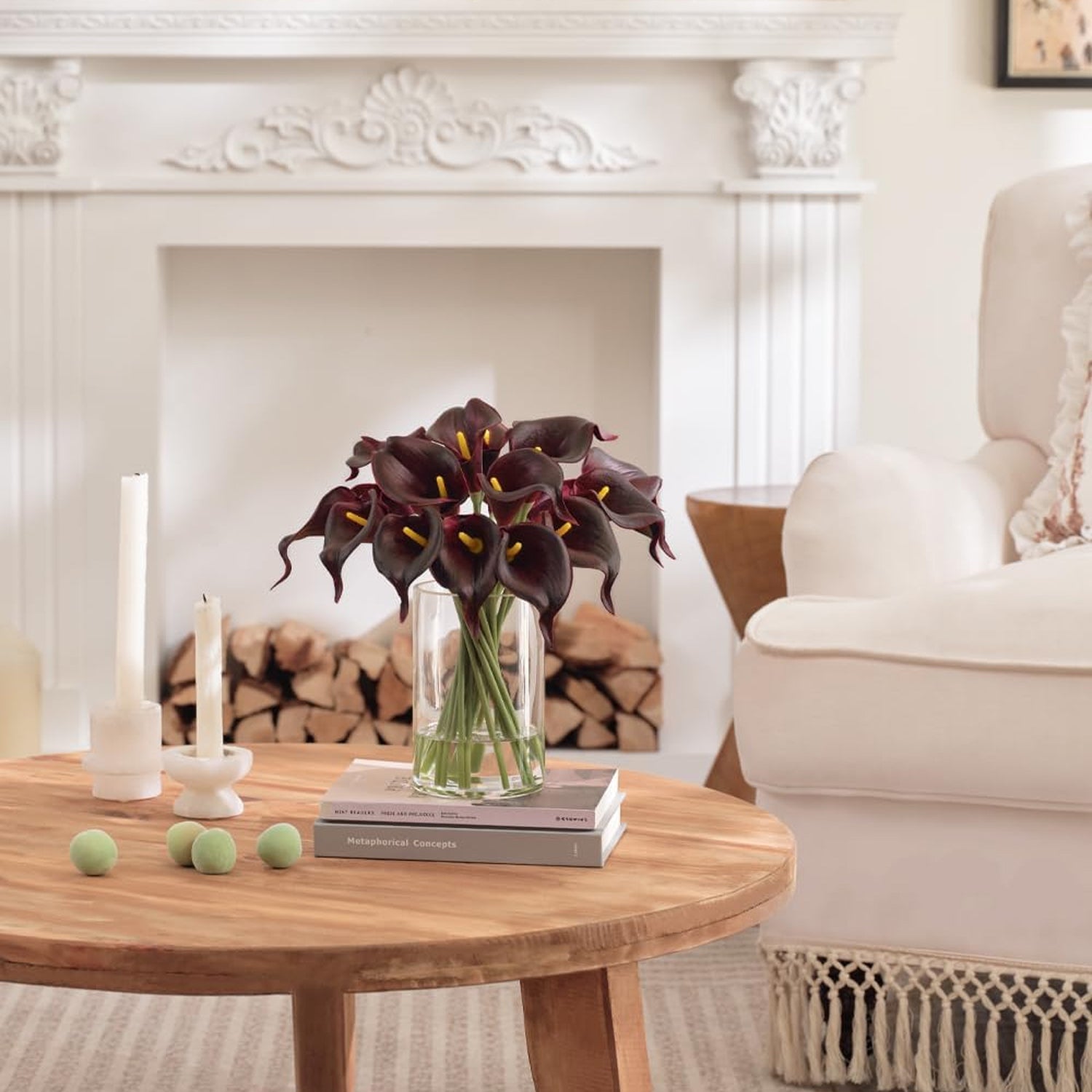 Artificial Masala Red Calla Lilies in Glass Vase with Faux Water – Elegant Table Centerpiece