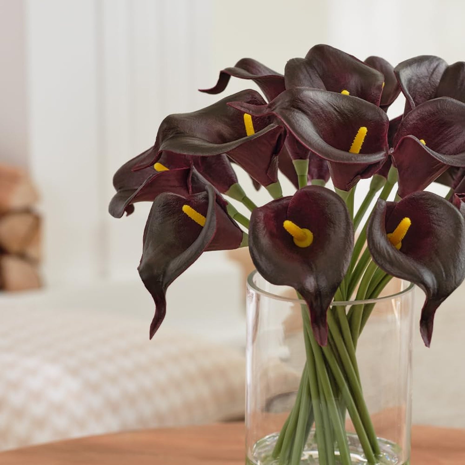 Artificial Masala Red Calla Lilies in Glass Vase with Faux Water – Elegant Table Centerpiece