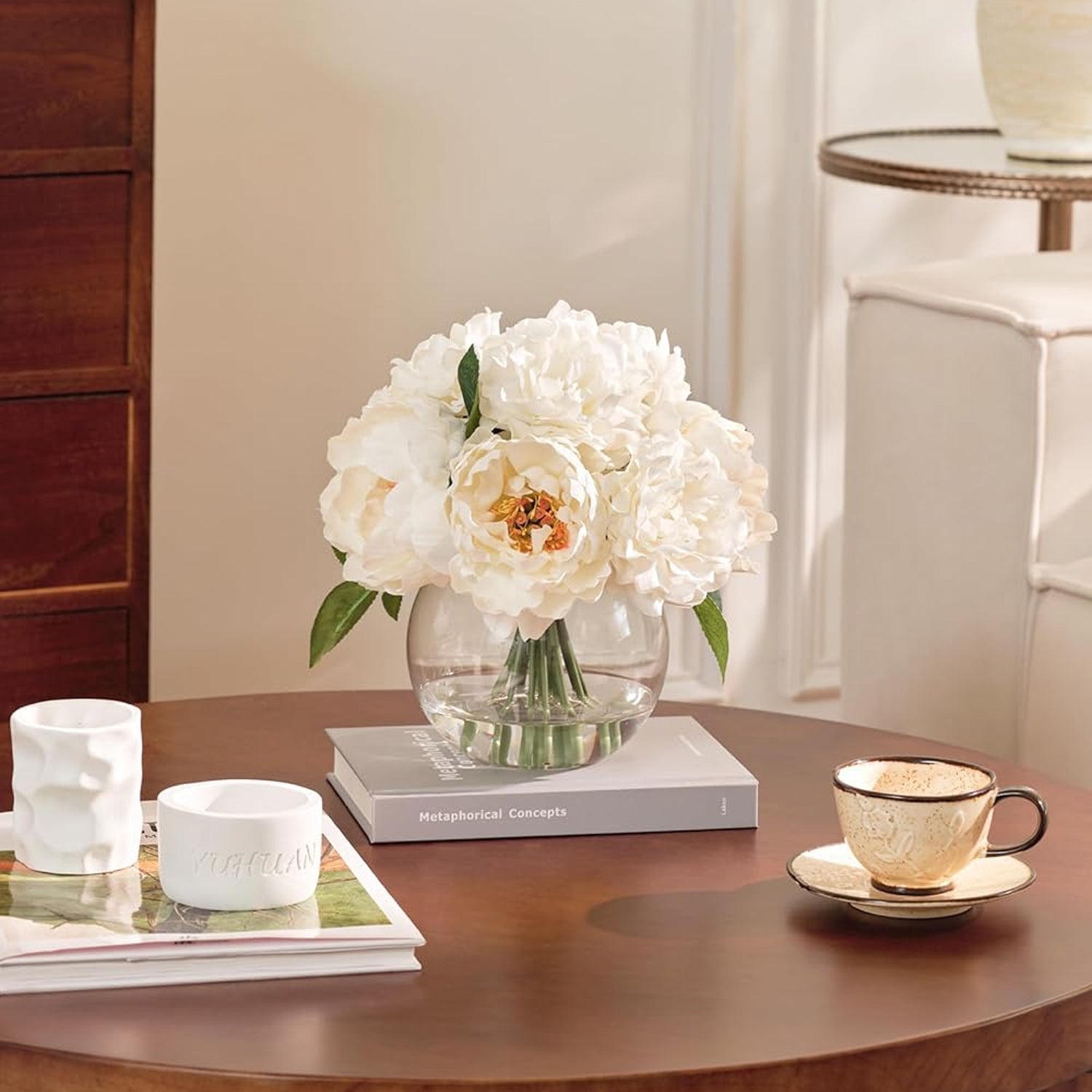 Artificial White Peonies in Glass Vase with Faux Water – Elegant Table Centerpiece