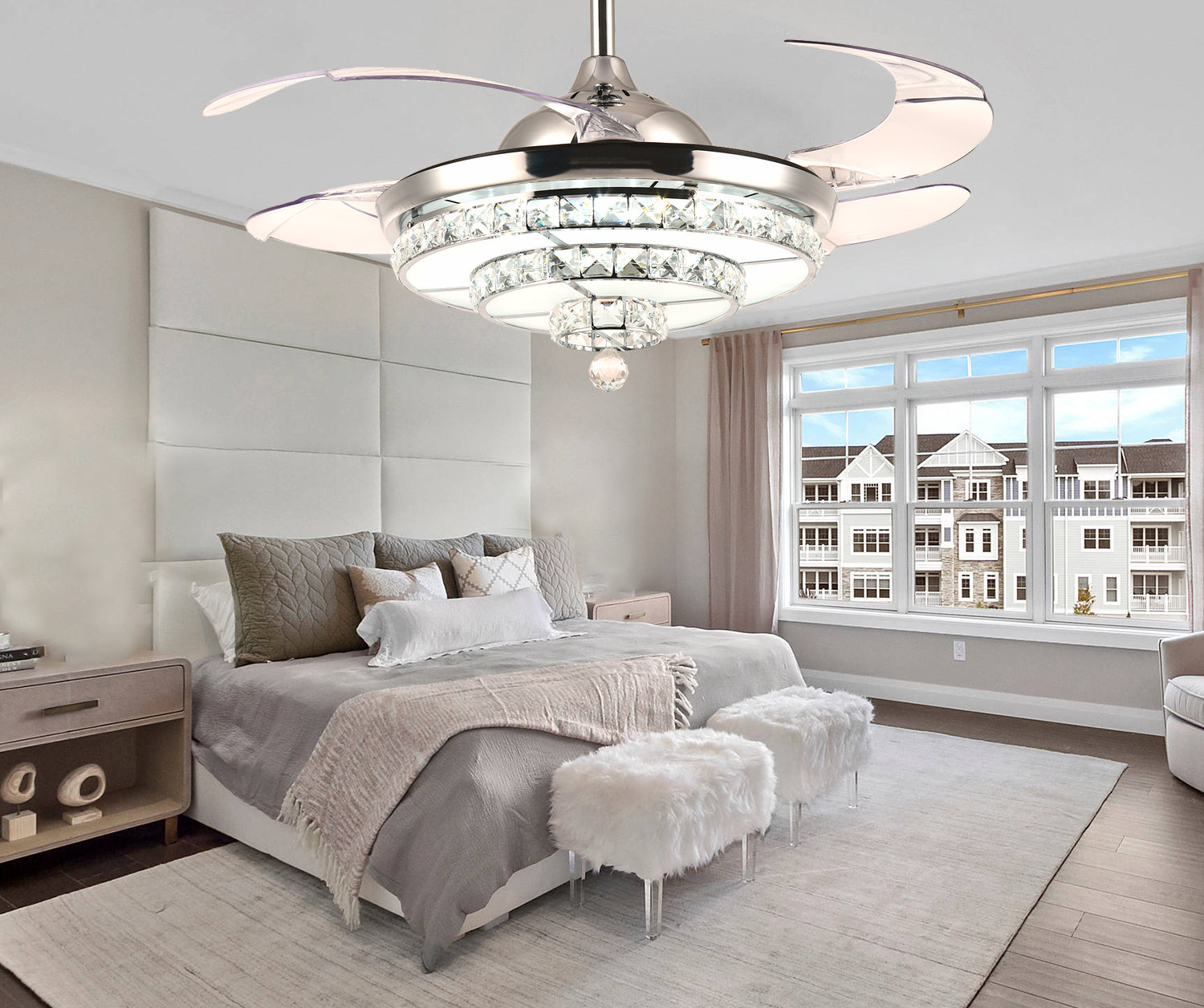 Silver Retractable Dimmable Fandelier Ceiling Fan