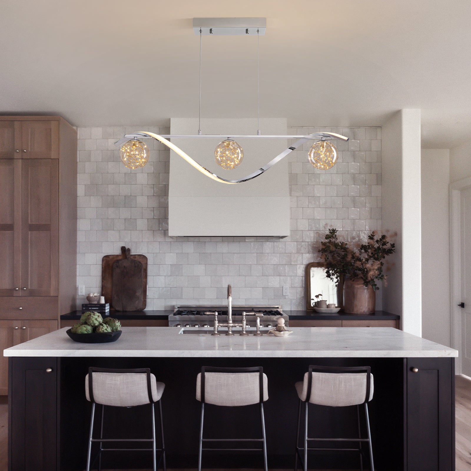 Chrome Linear LED Pendant with Glass Globe Shade - Sofary Lighting