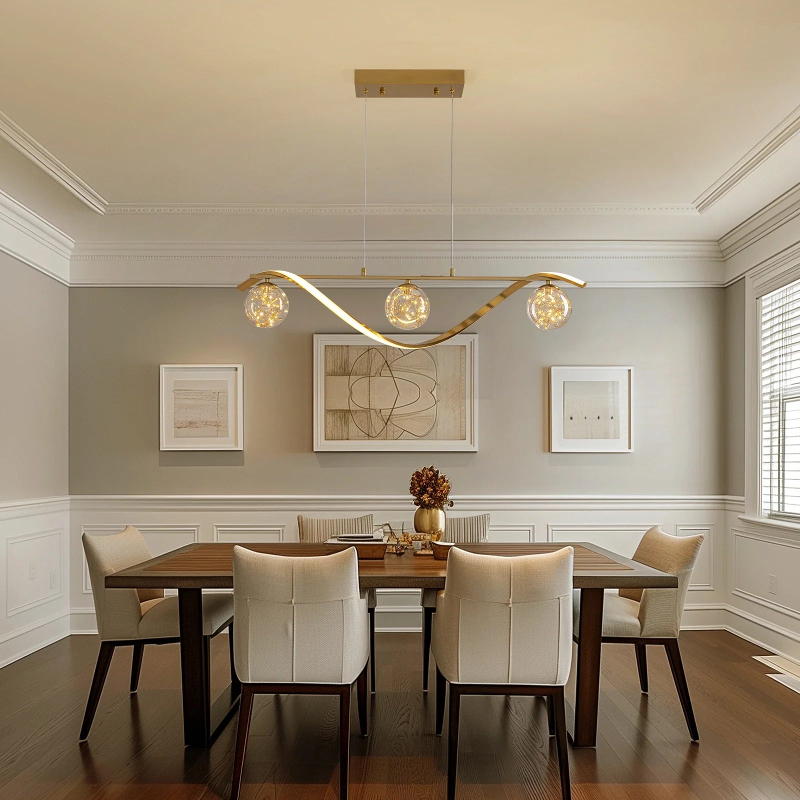 Linear LED Pendant Chandelier in Gold with Glass Globe Shade-Sofary Lighting